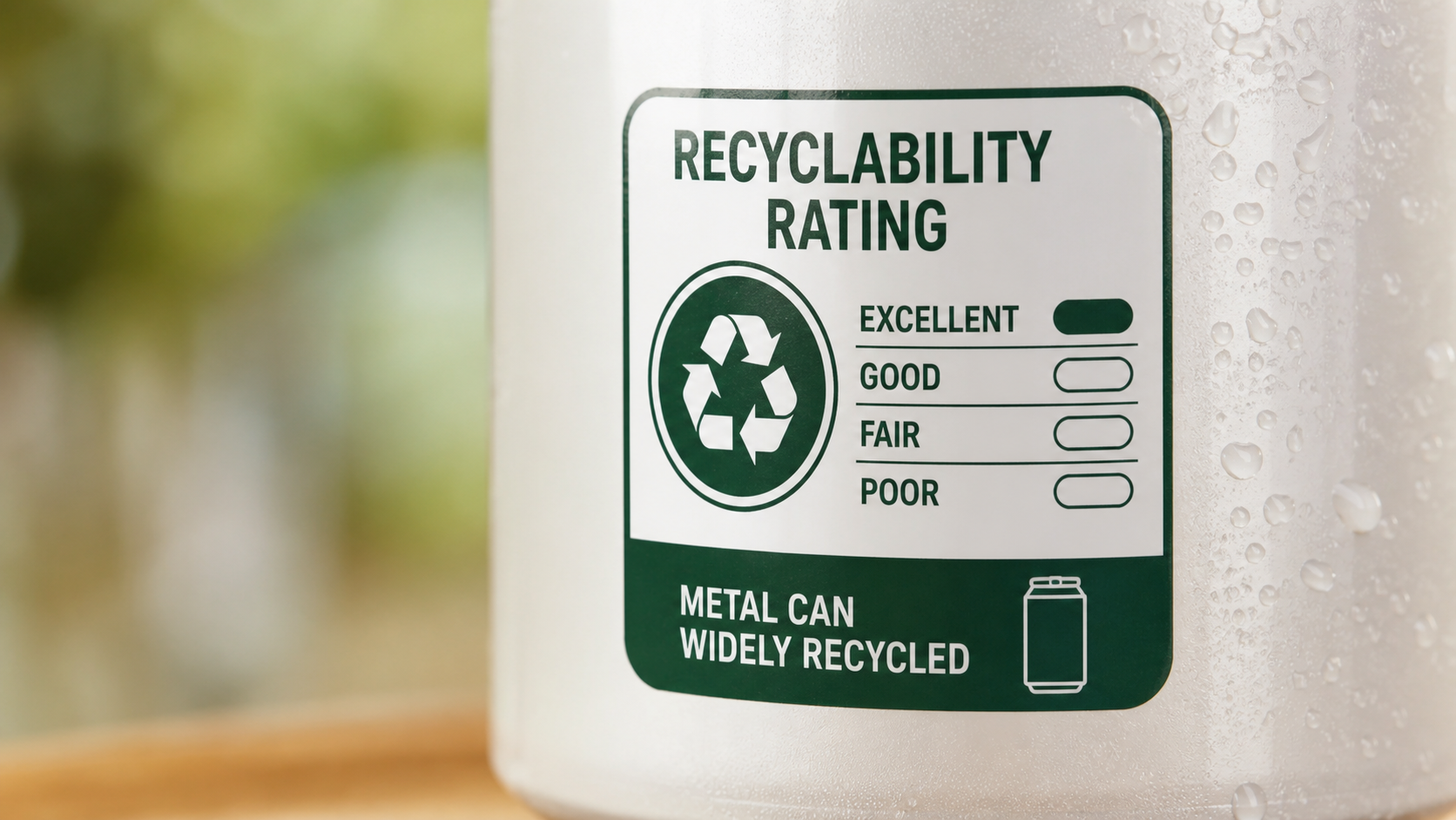 Close-up of a beverage label showing a recyclability rating icon on aluminum can packaging, soft natural light, commercial product photography, landscape composition