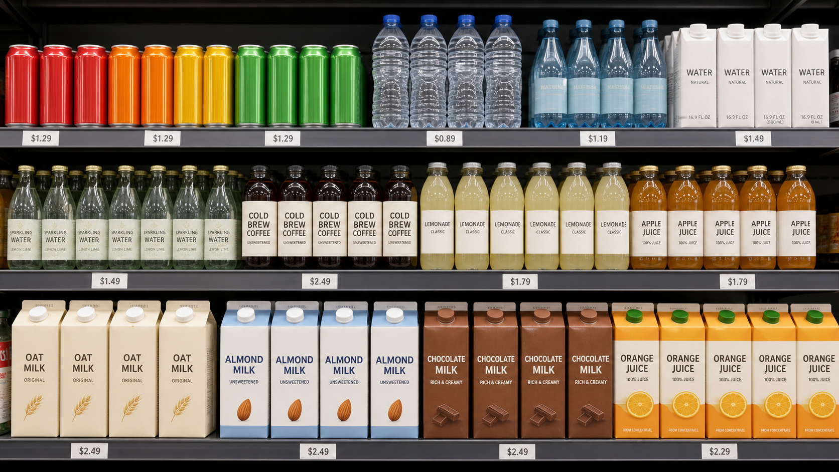 Assorted U.S. beverage packages on shelf: cans, PET, glass, cartons