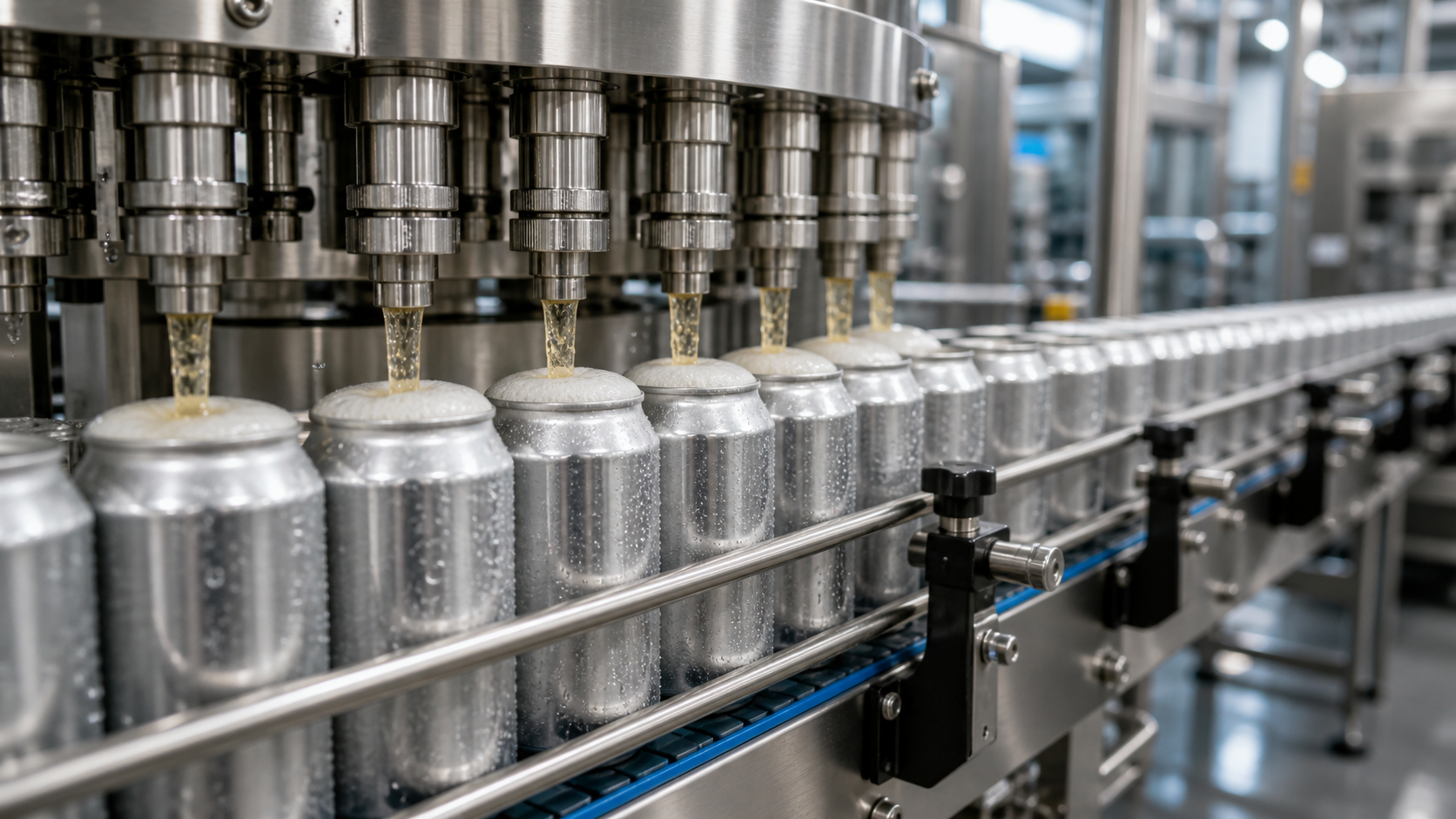 Modern beverage canning line filling sleek aluminum cans in factory