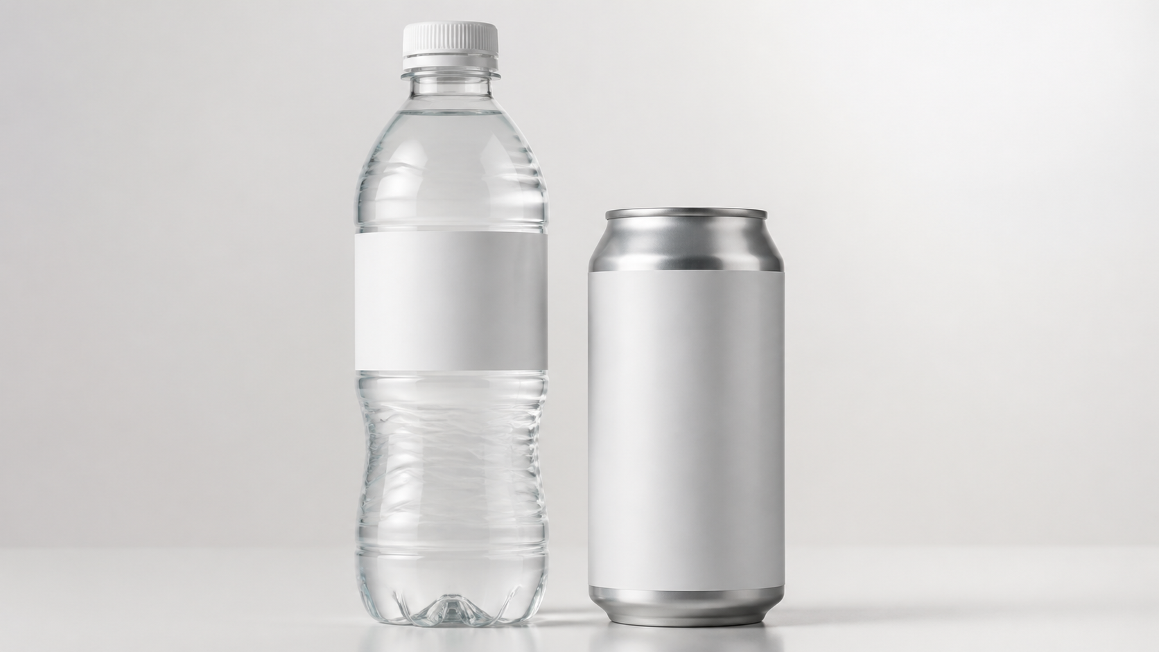 Close-up of PET bottle and aluminum can with blank labels