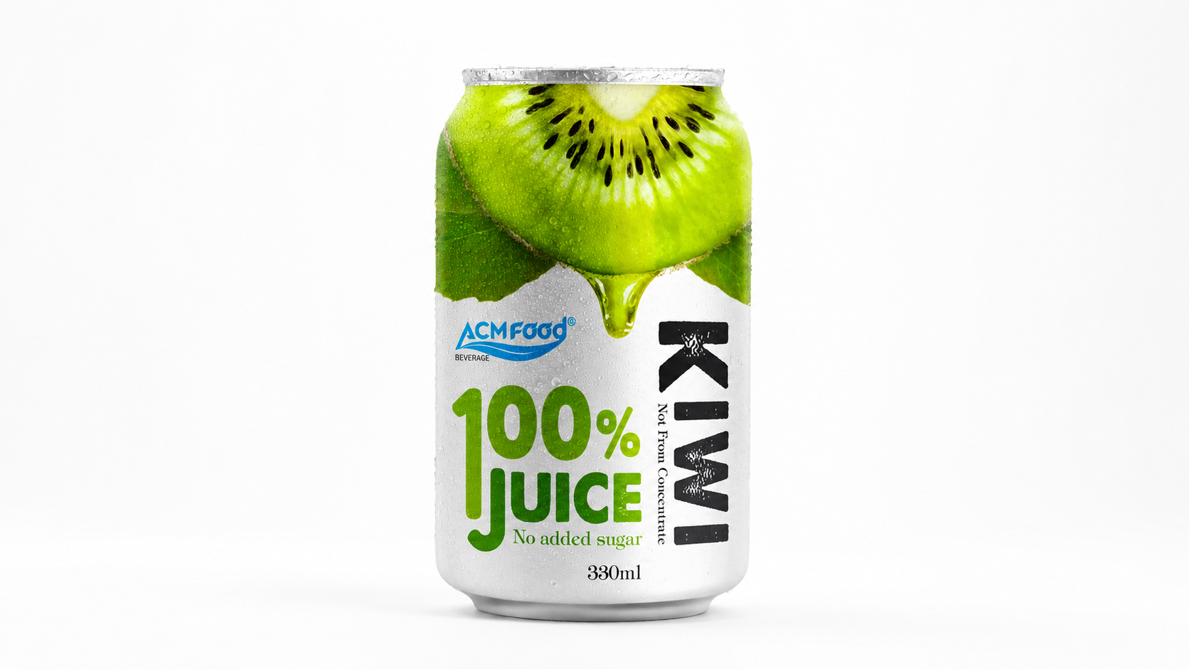 ACMFOOD 100% Kiwi Juice, no added sugar, in a 330ml can, commercial product photography on white background