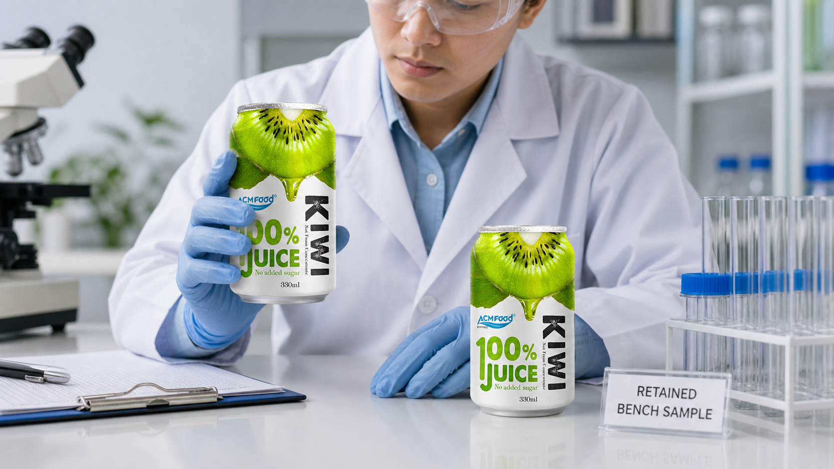 Quality technician comparing a sealed pilot-run beverage sample against a retained bench sample on a lab bench, soft studio lighting, commercial photography, landscape composition