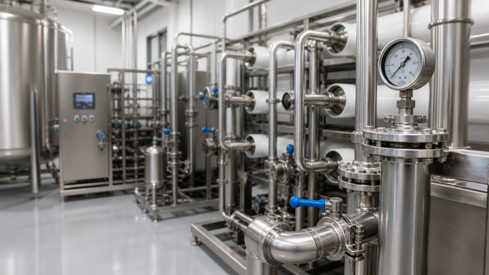 Stainless steel RO and filtration skids in a beverage plant