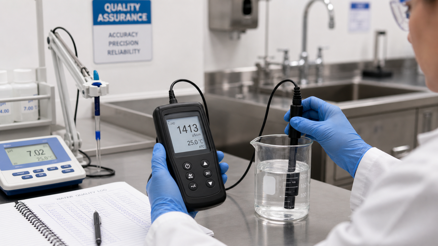 QC technician testing process water conductivity in the lab