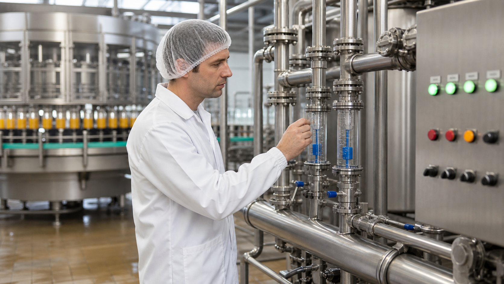 Operator inspecting sanitary process water loop near filler