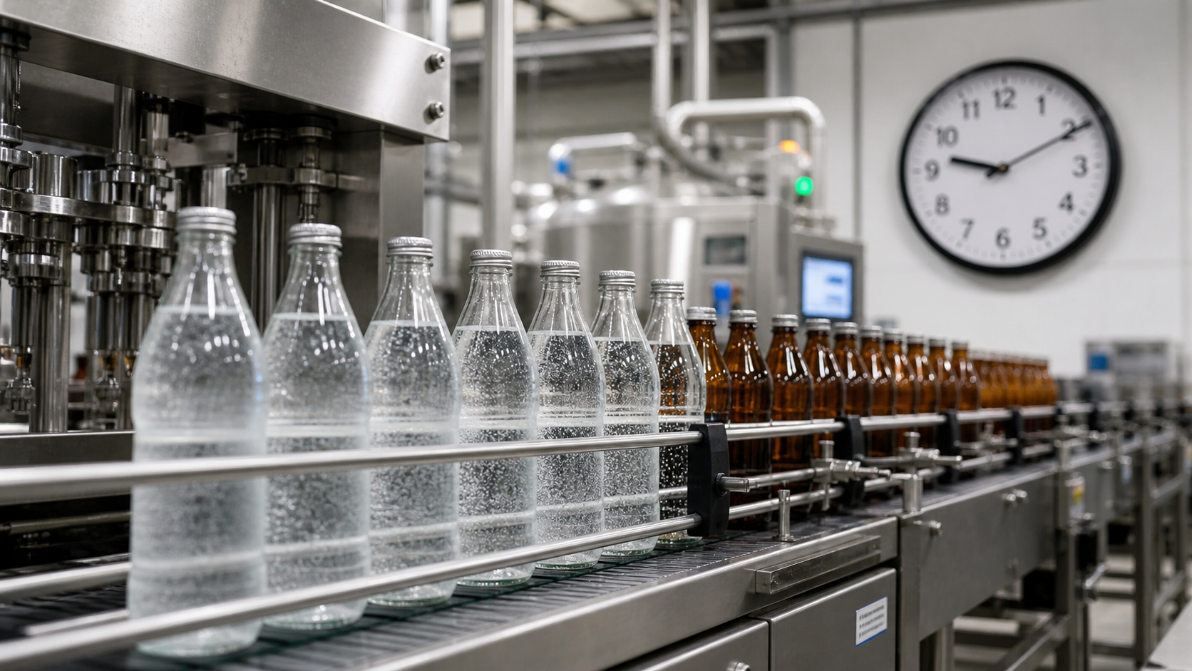 Beverage bottles on conveyor with factory clock in background