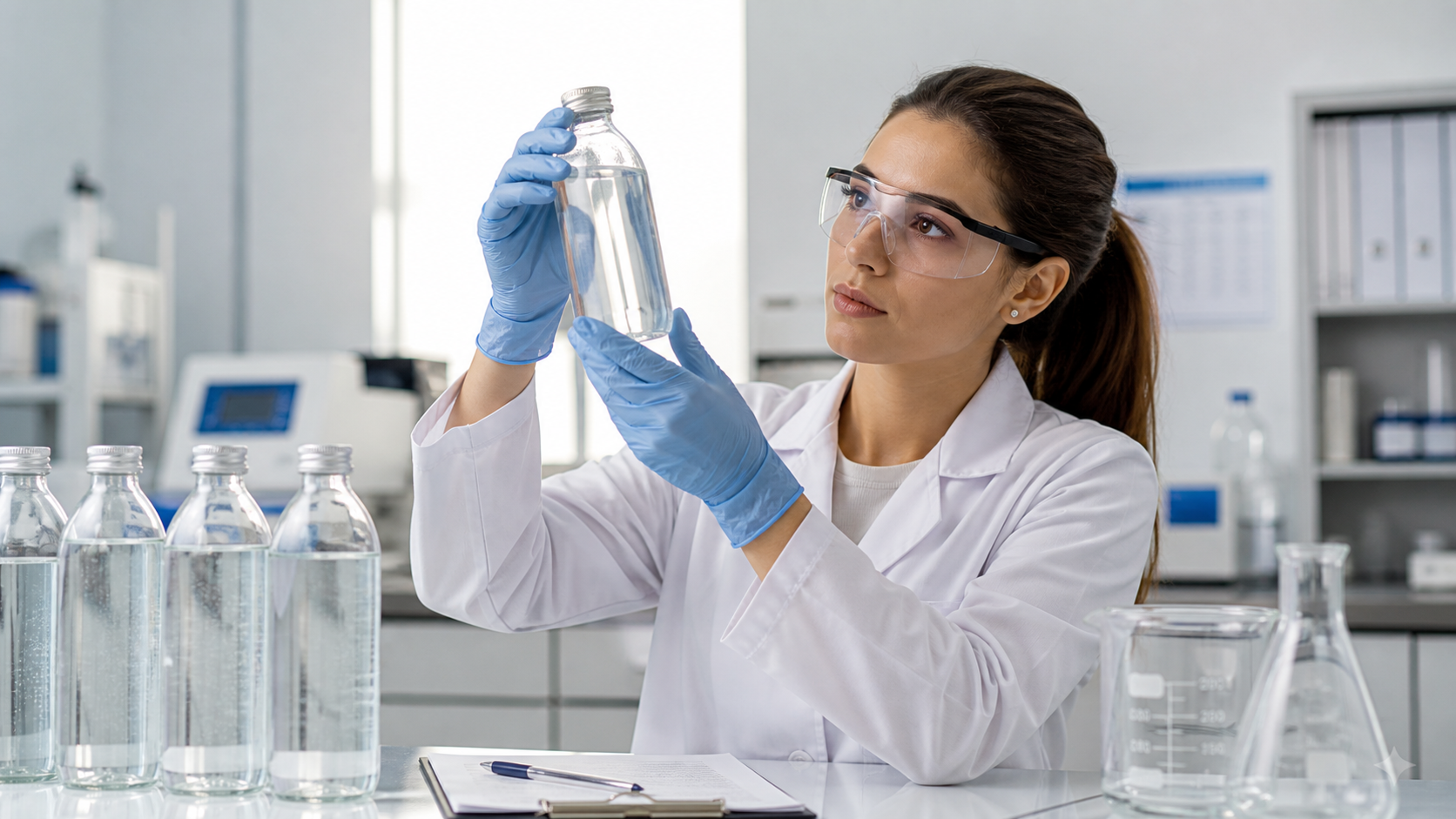 Quality technician inspecting bottled drink samples in lab