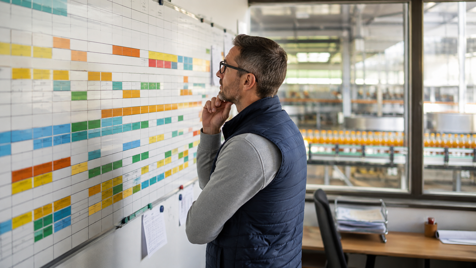 Production planner reviewing a manufacturing schedule board in a beverage factory office, natural daylight, commercial photography, landscape composition