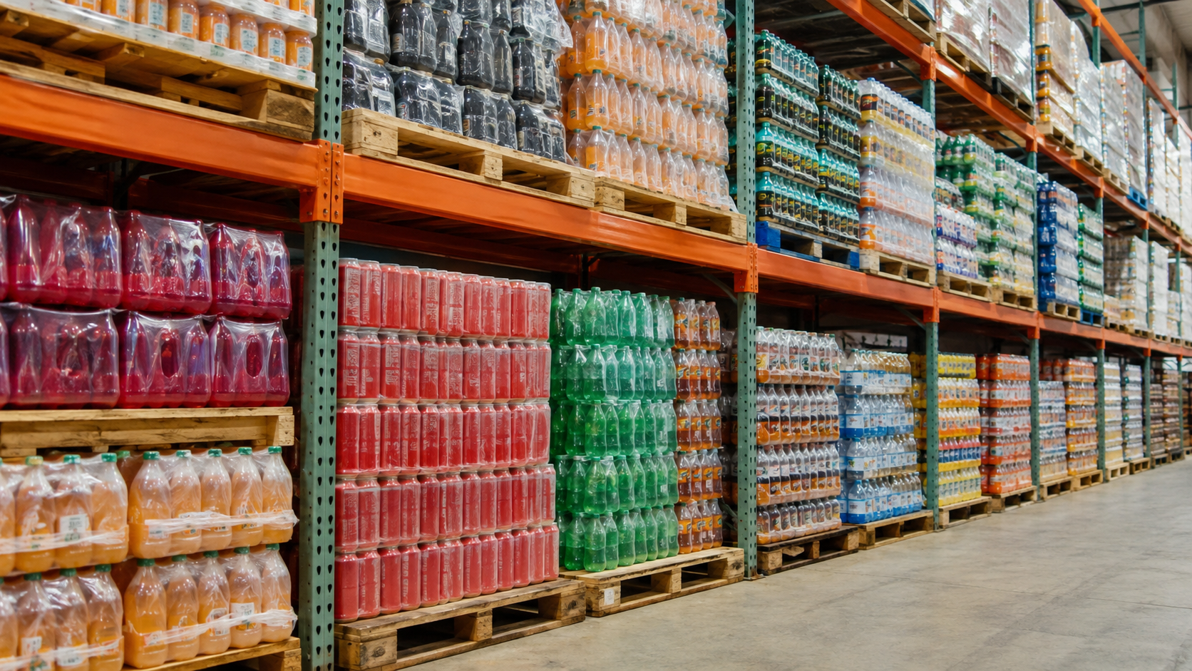 Warehouse shelves stocked with seasonal beverage packaging ahead of a peak season, bright even lighting, commercial photography, landscape composition