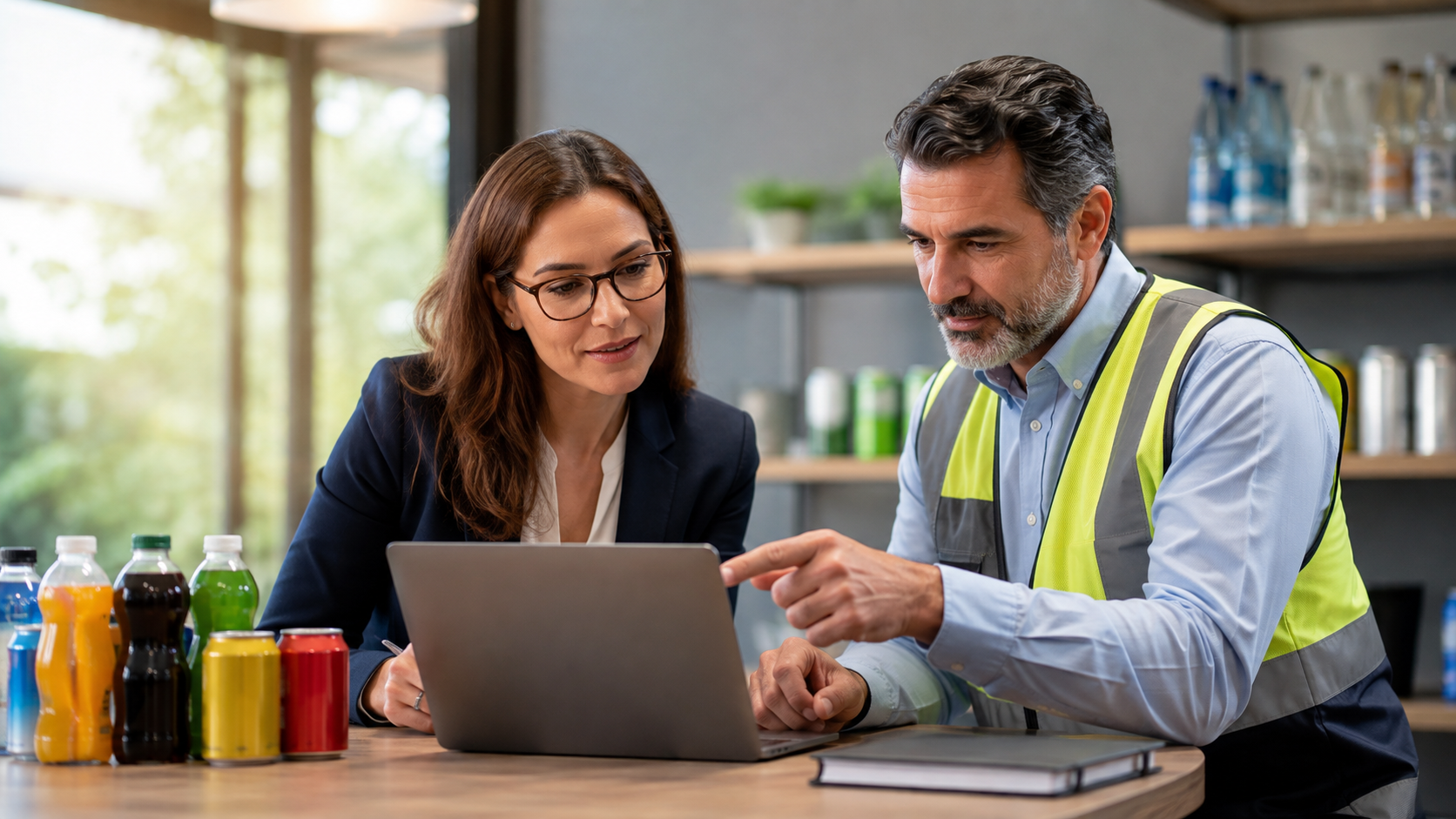 Beverage brand manager and production planner discussing a scheduling calendar on a laptop, soft office lighting, commercial photography, landscape composition