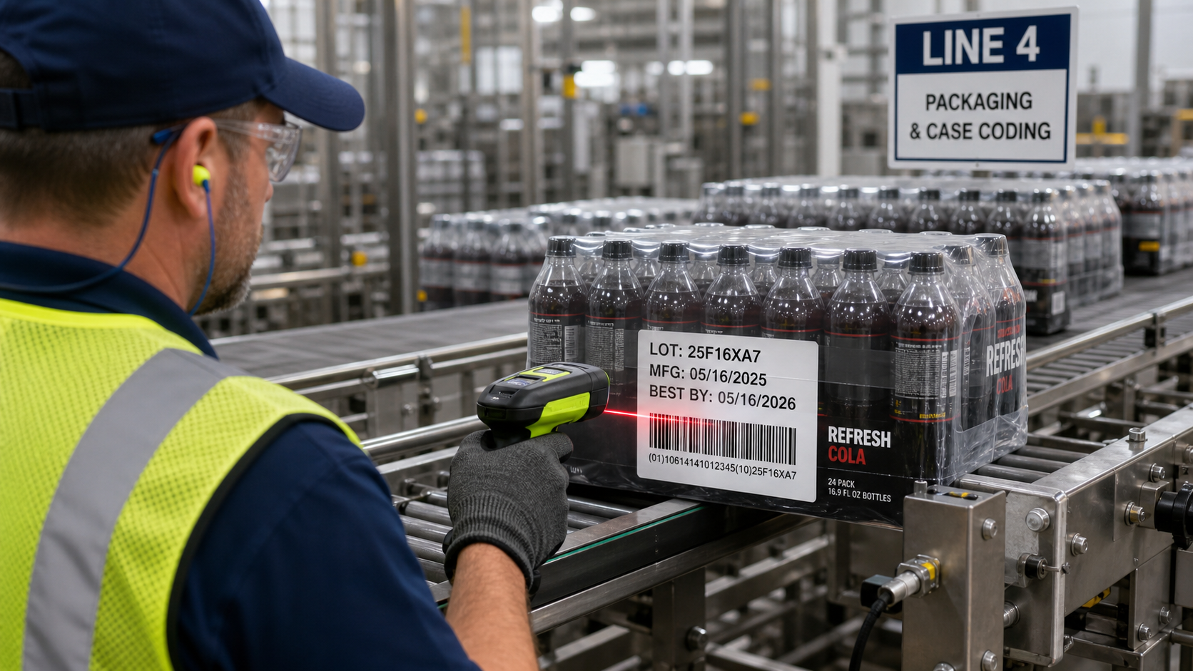 Operator scans a lot code on shrink-wrapped beverage cases