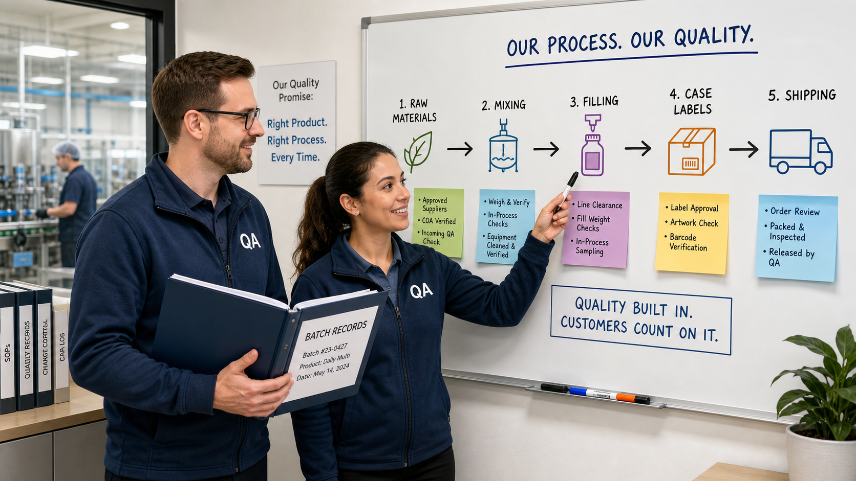 Quality team reviews batch records and traceability flow on whiteboard