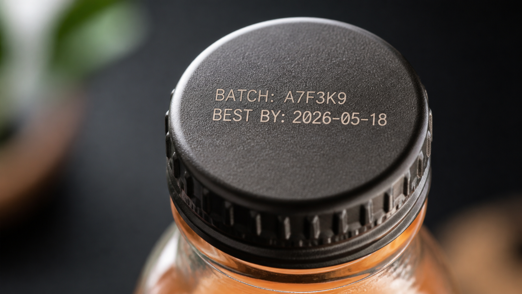 Close-up of laser-etched batch code on a beverage bottle cap