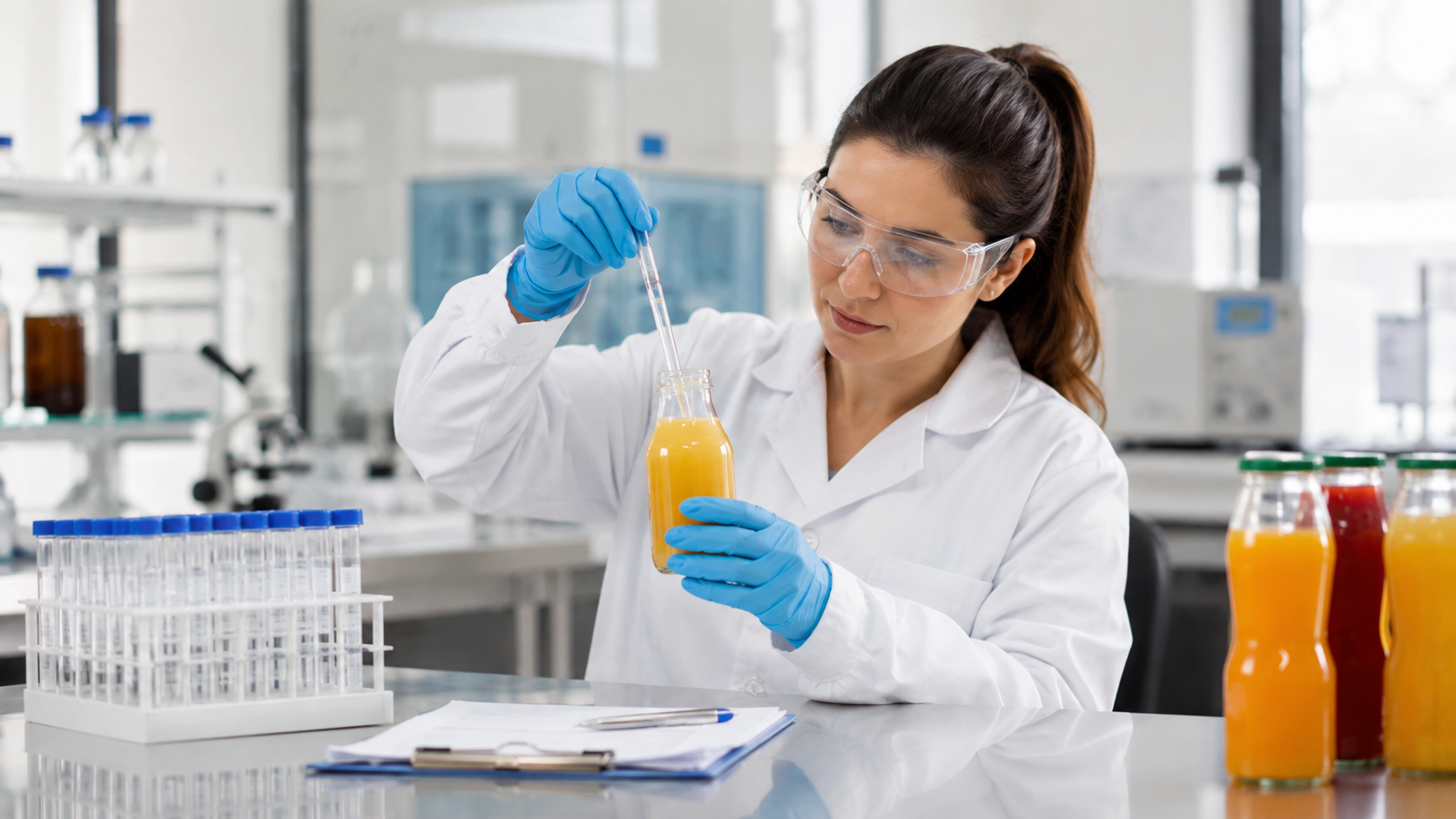 Quality control technician taking a beverage sample for testing in a laboratory, bright clean lighting, commercial photography, landscape composition