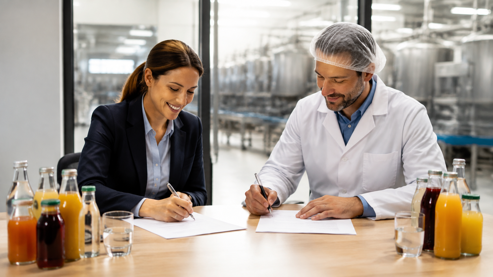 Beverage brand representative and manufacturer signing a quality agreement document, warm natural light, commercial photography, landscape composition