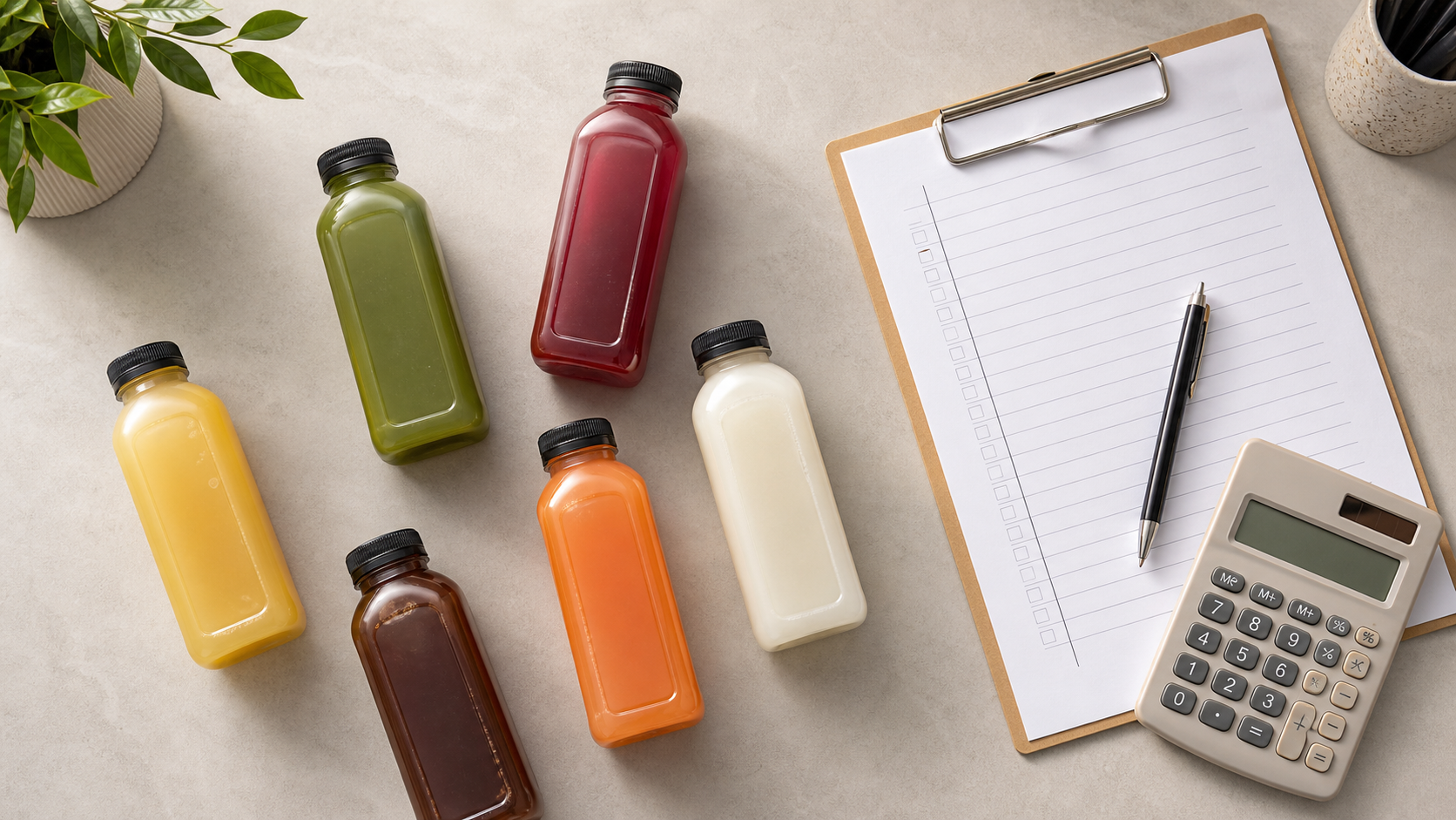 Assorted beverage sample bottles with clipboard and cost notes