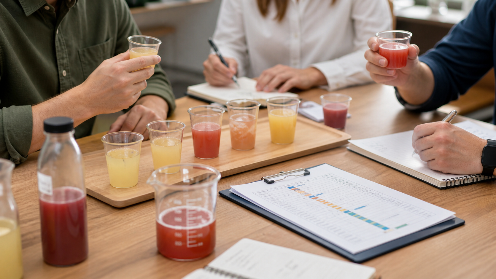 Product developers tasting samples during a timeline planning session