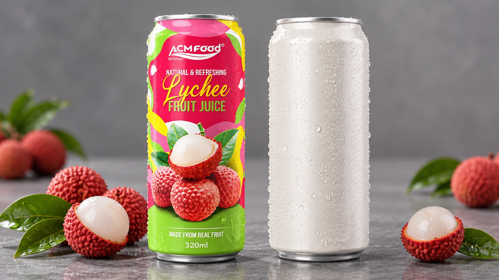 Close-up of two unbranded beverage cans side by side on a neutral grey surface, one in a saturated colour field and one in a pale minimal finish, controlled studio lighting showing the contrast between them, realistic commercial product photography, landscape composition, no text on the cans
