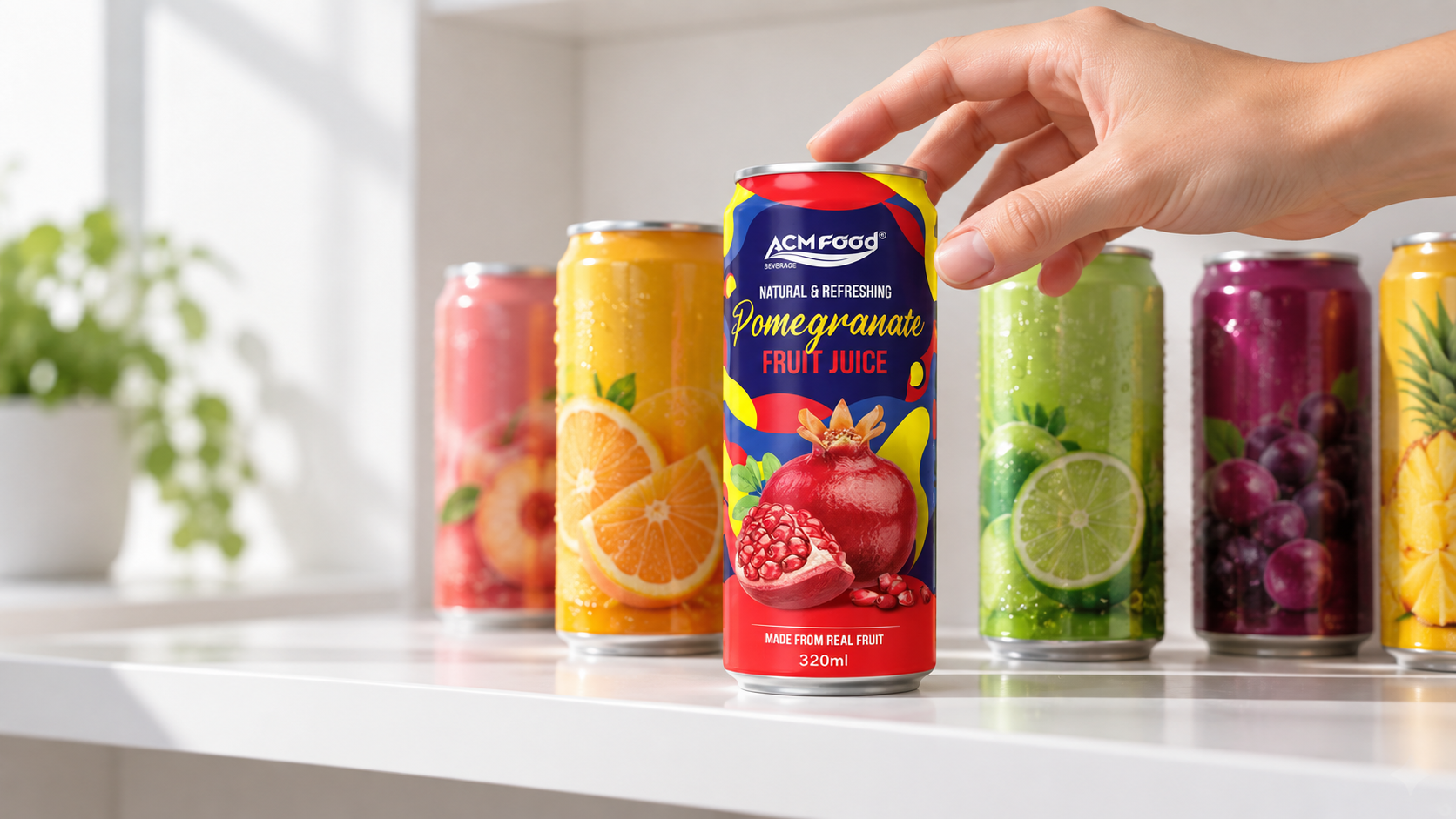 A hand reaching towards one bottle among several unbranded beverages standing on a clean white shelf, shallow depth of field focused on the selected bottle, soft directional daylight, realistic commercial lifestyle photography, landscape composition, generous negative space on the left