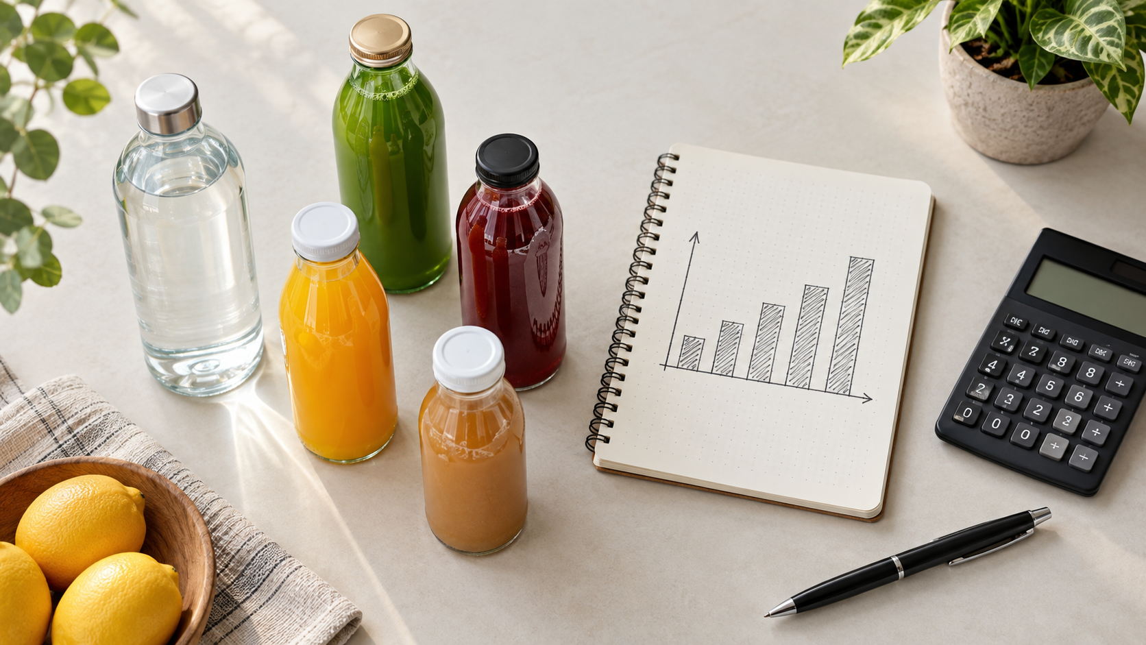 Overhead view of several unbranded beverage bottles of different sizes arranged beside a notebook showing a hand-drawn bar chart and a calculator on a pale desk, soft neutral daylight, clean commercial business photography, landscape composition, no readable text