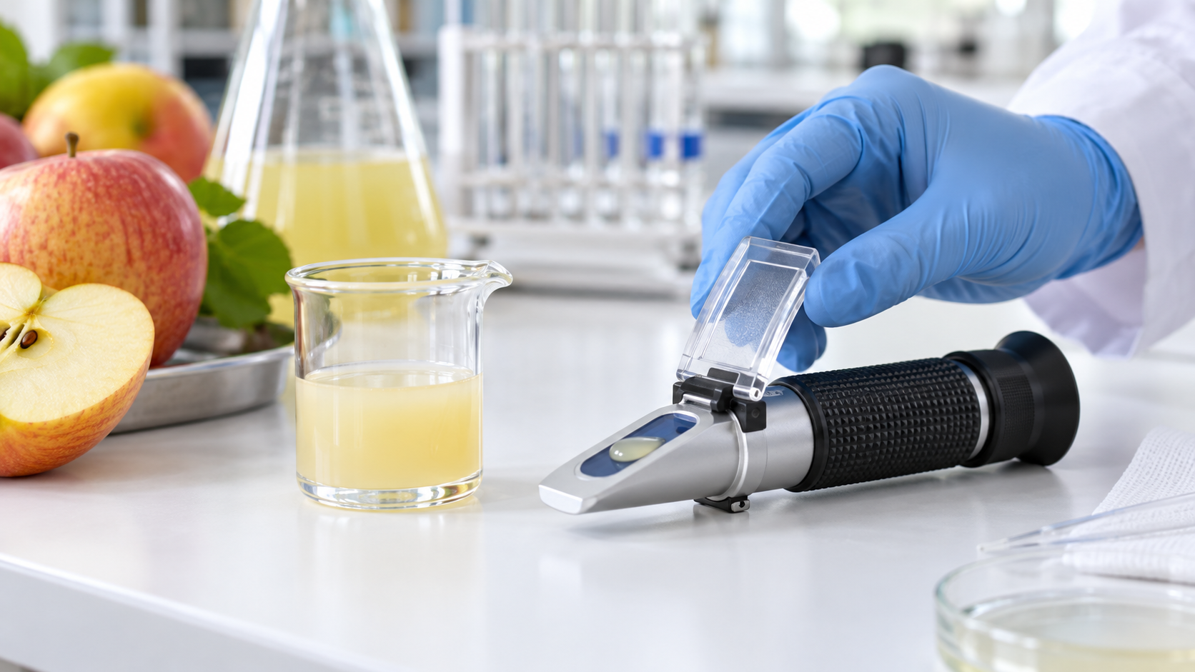 Close-up of laboratory glassware with a refractometer and a small sample of pale juice on a clean white bench, a technician's gloved hand adjusting the instrument, bright even lighting, realistic commercial laboratory photography, landscape composition, no visible branding