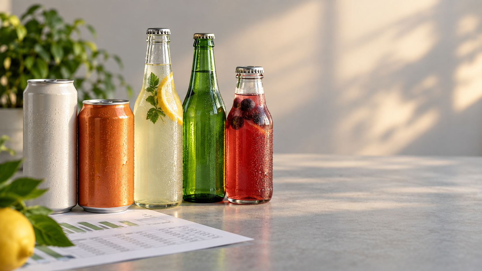 A row of unbranded beverage cans and bottles on a clean light grey surface with a printed spreadsheet partly visible beneath them, warm side lighting, shallow depth of field, generous negative space to the right, realistic commercial product photography, landscape composition