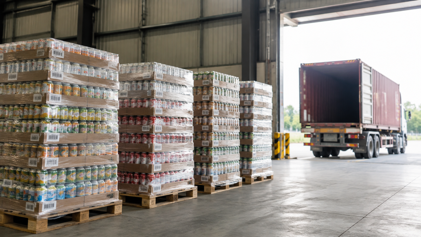 Container pallets of assorted beverages prepared for Australian export