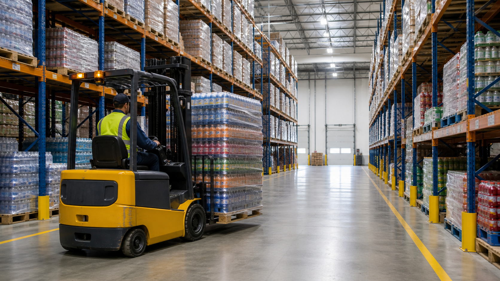 Forklift moving beverage pallets in a clean Australian distribution center