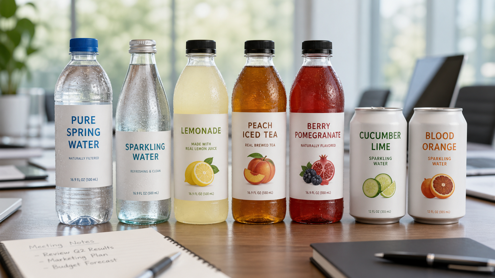 Close-up of bottled drinks lineup for an Australian retailer pitch