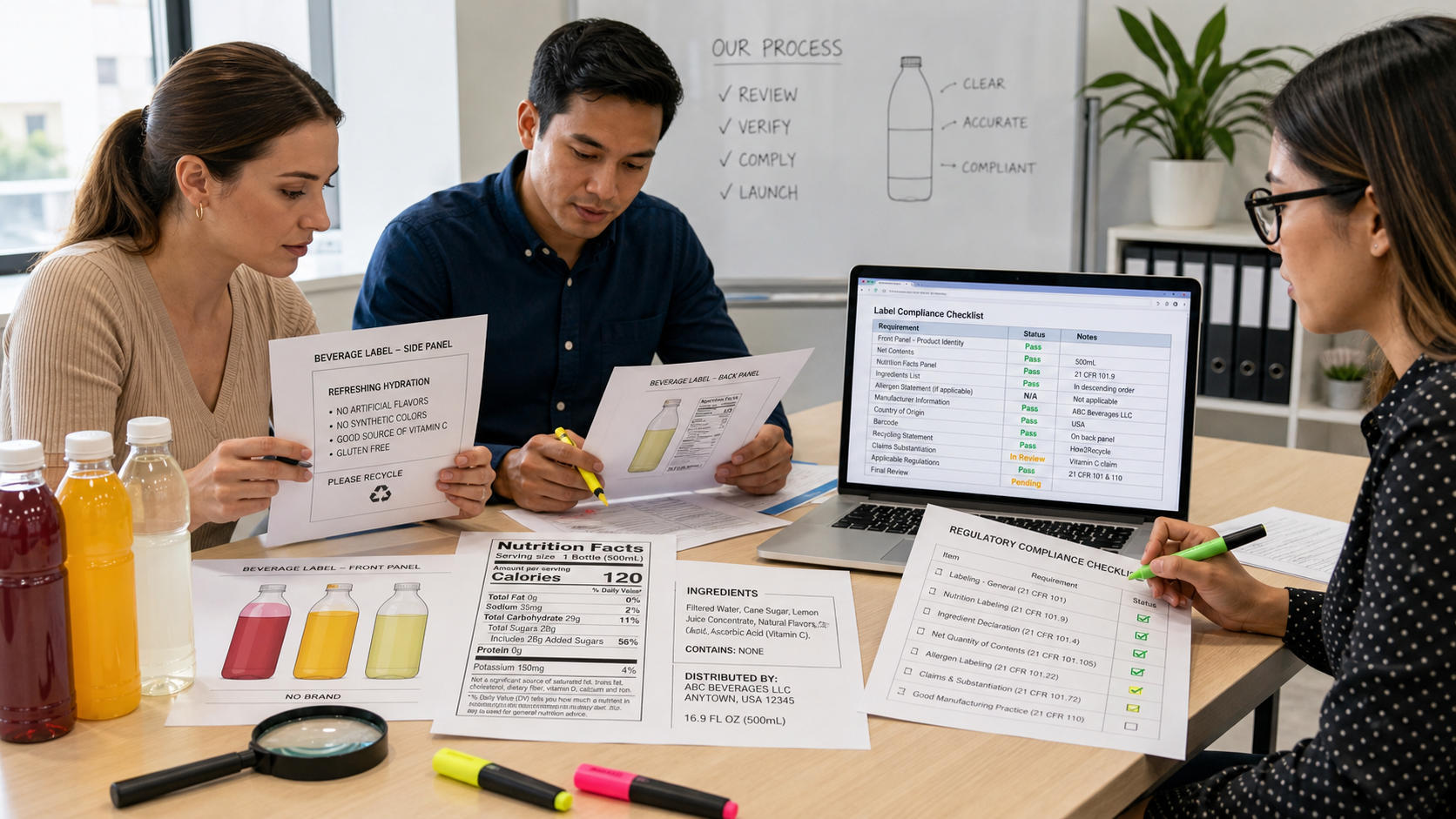 Import team reviewing beverage labels and compliance documents for Australia