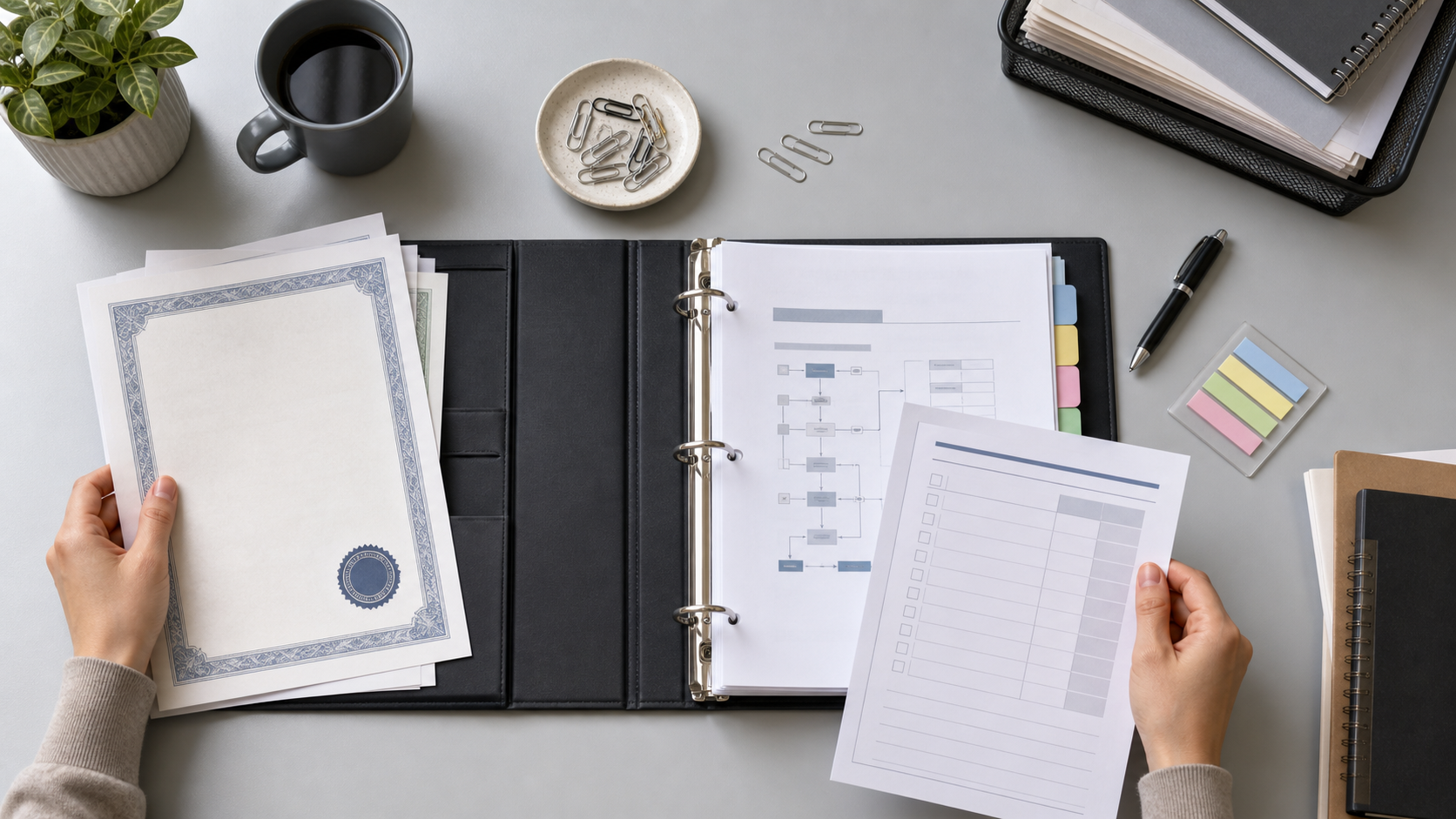 Hands organizing beverage supplier qualification documents and certificates on desk