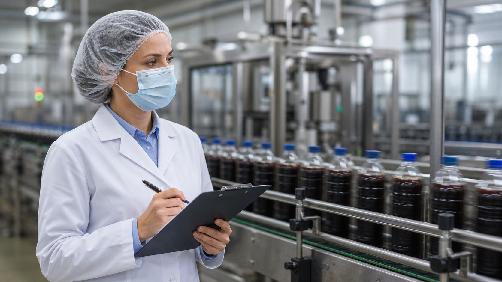 Quality manager inspecting beverage bottling line with checklist clipboard