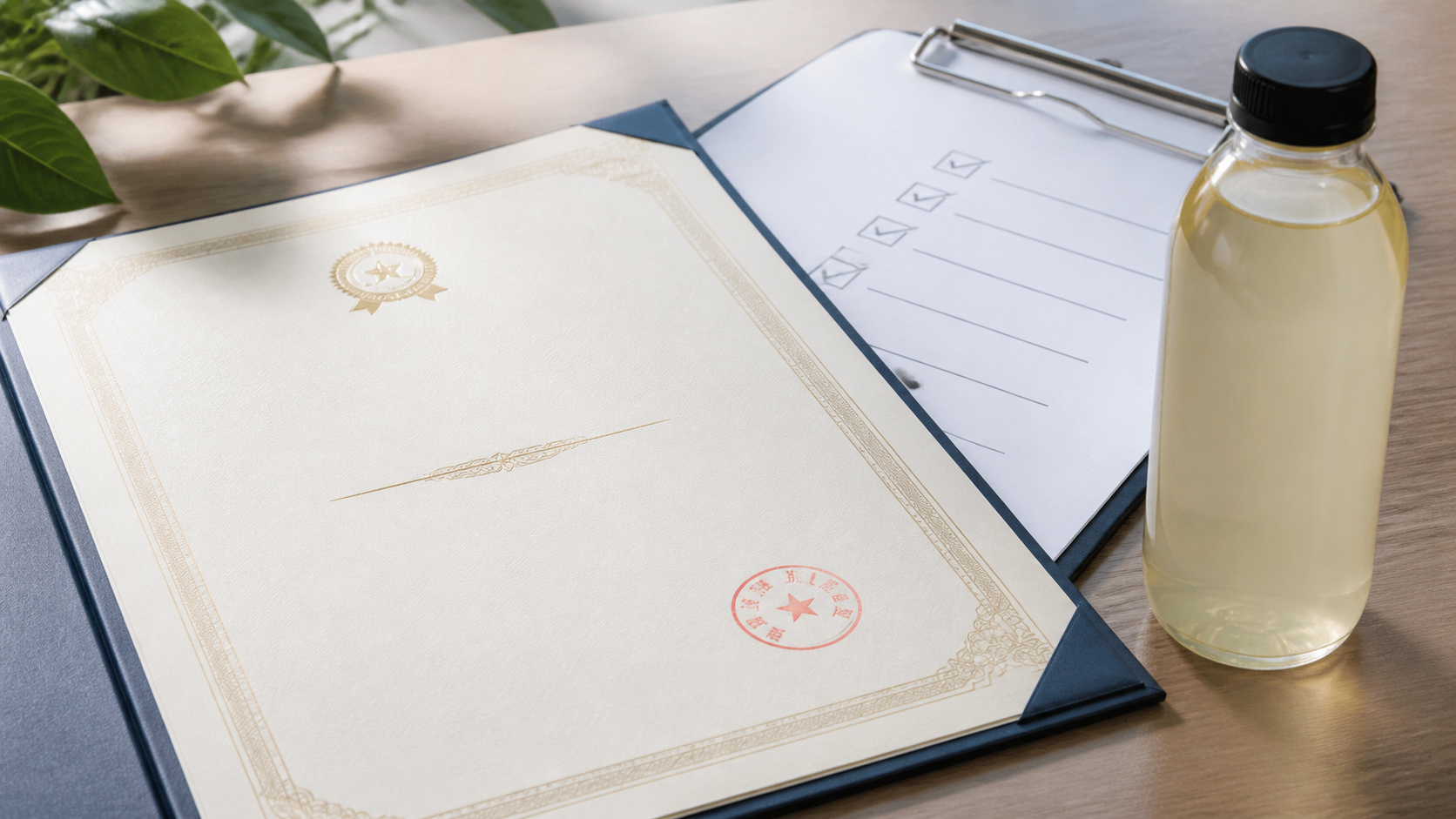 Close-up of stamped certificate and compliance checklist beside drink bottle