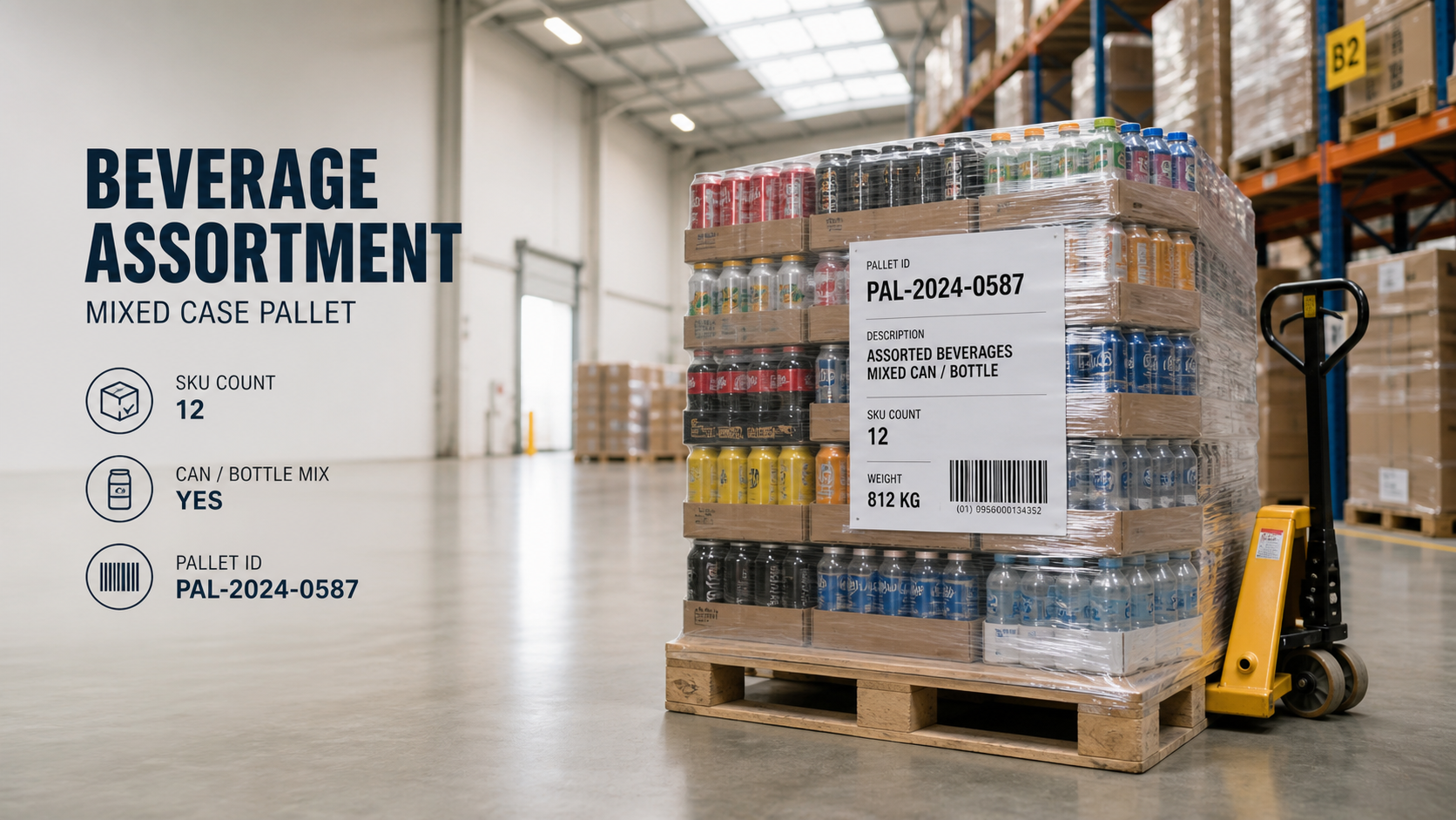 Pallet of assorted canned and bottled beverages ready for U.S. distribution warehouse