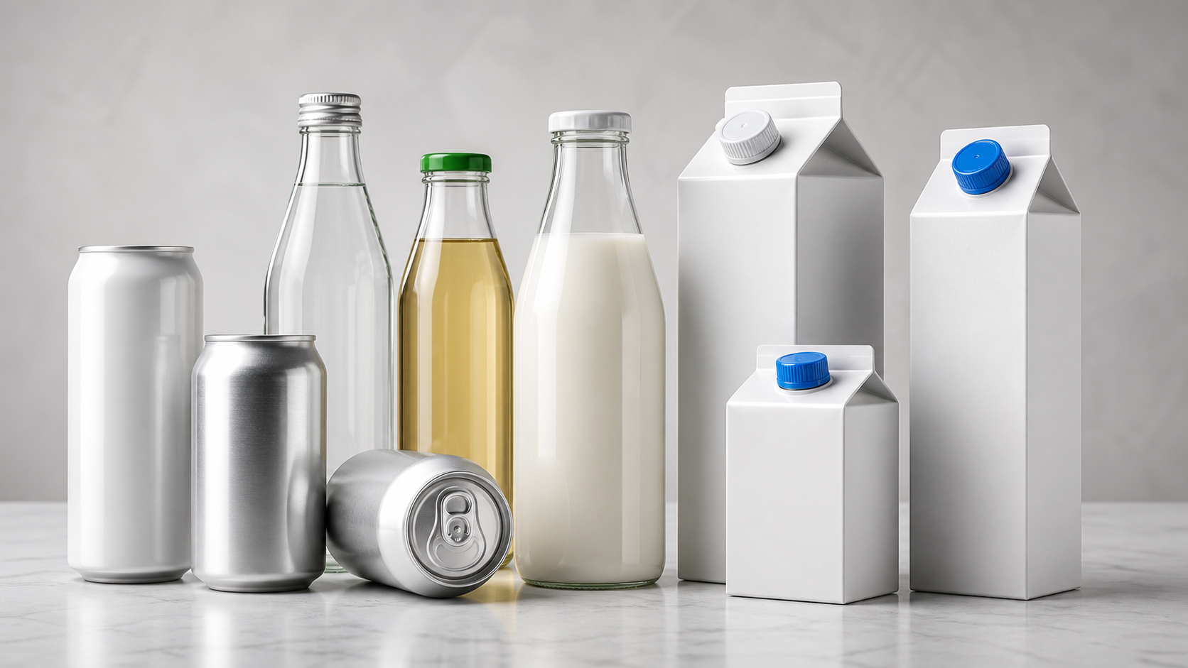Aluminum cans, glass bottles and aseptic cartons arranged on a clean table