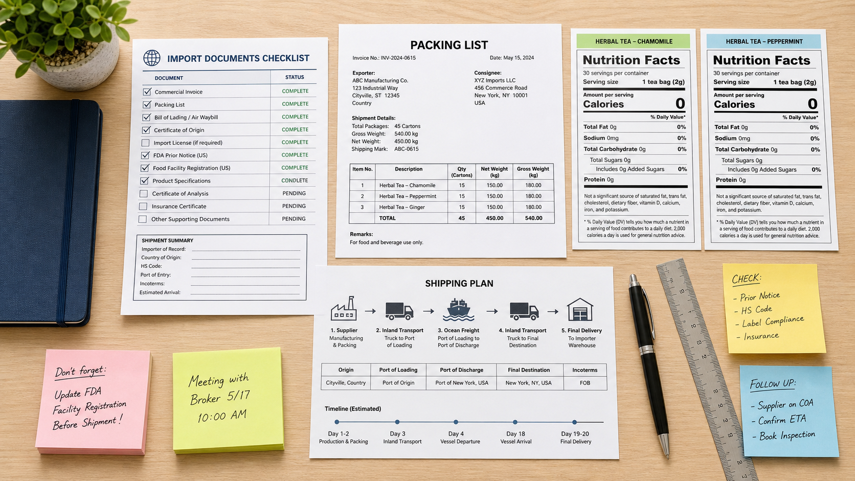 Import documents, FDA label mockups and shipping plan on a desk