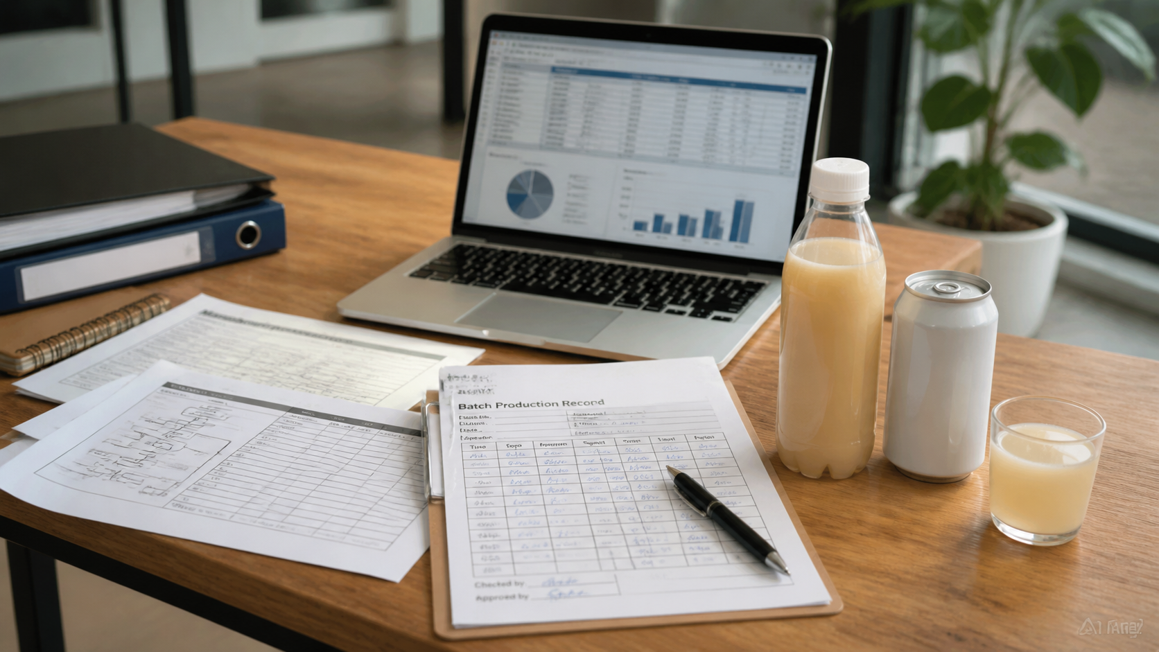 Beverage technology transfer documents and batch sheets beside a laptop
