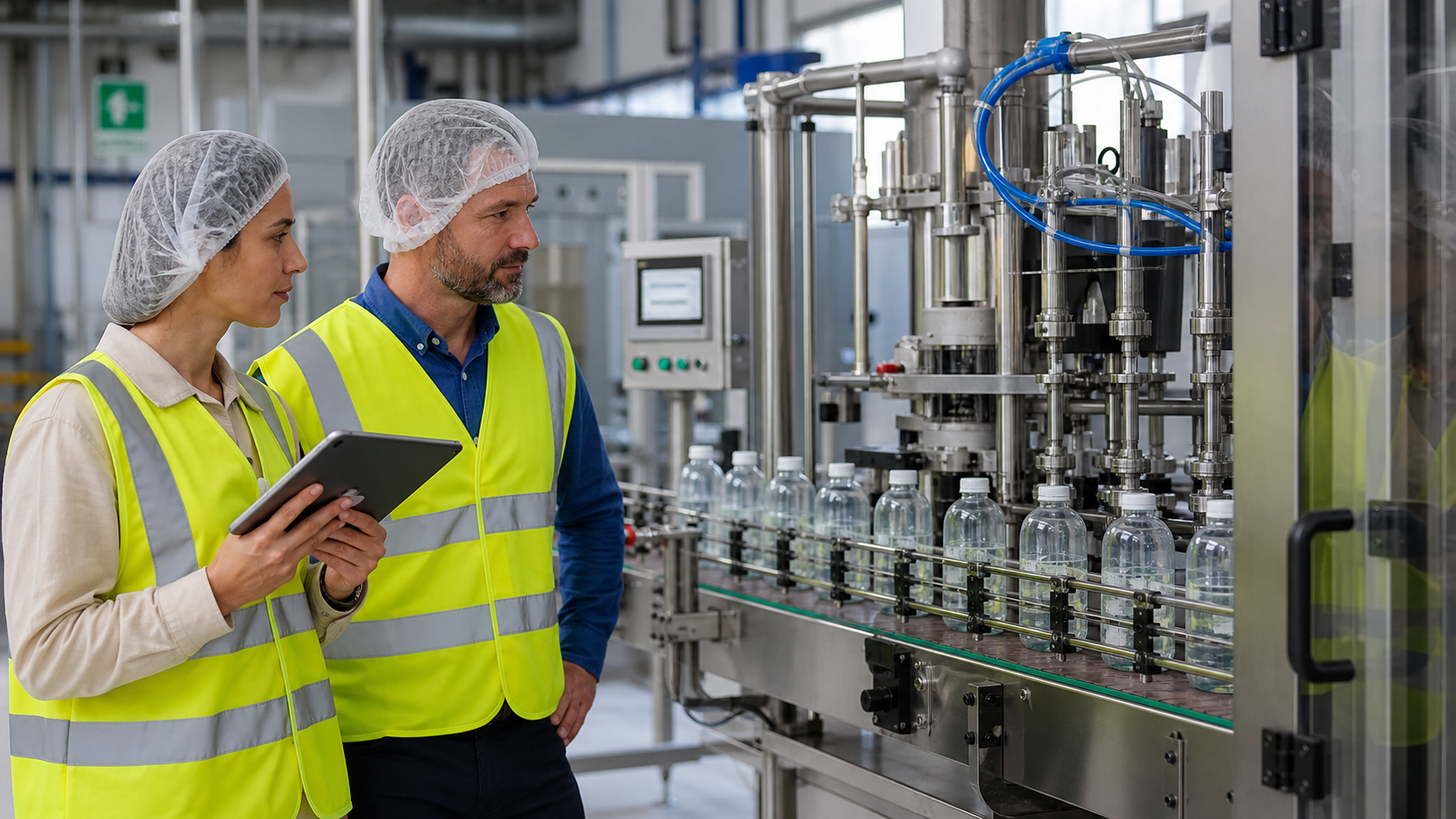 Engineers monitoring a pilot beverage line during a trial run