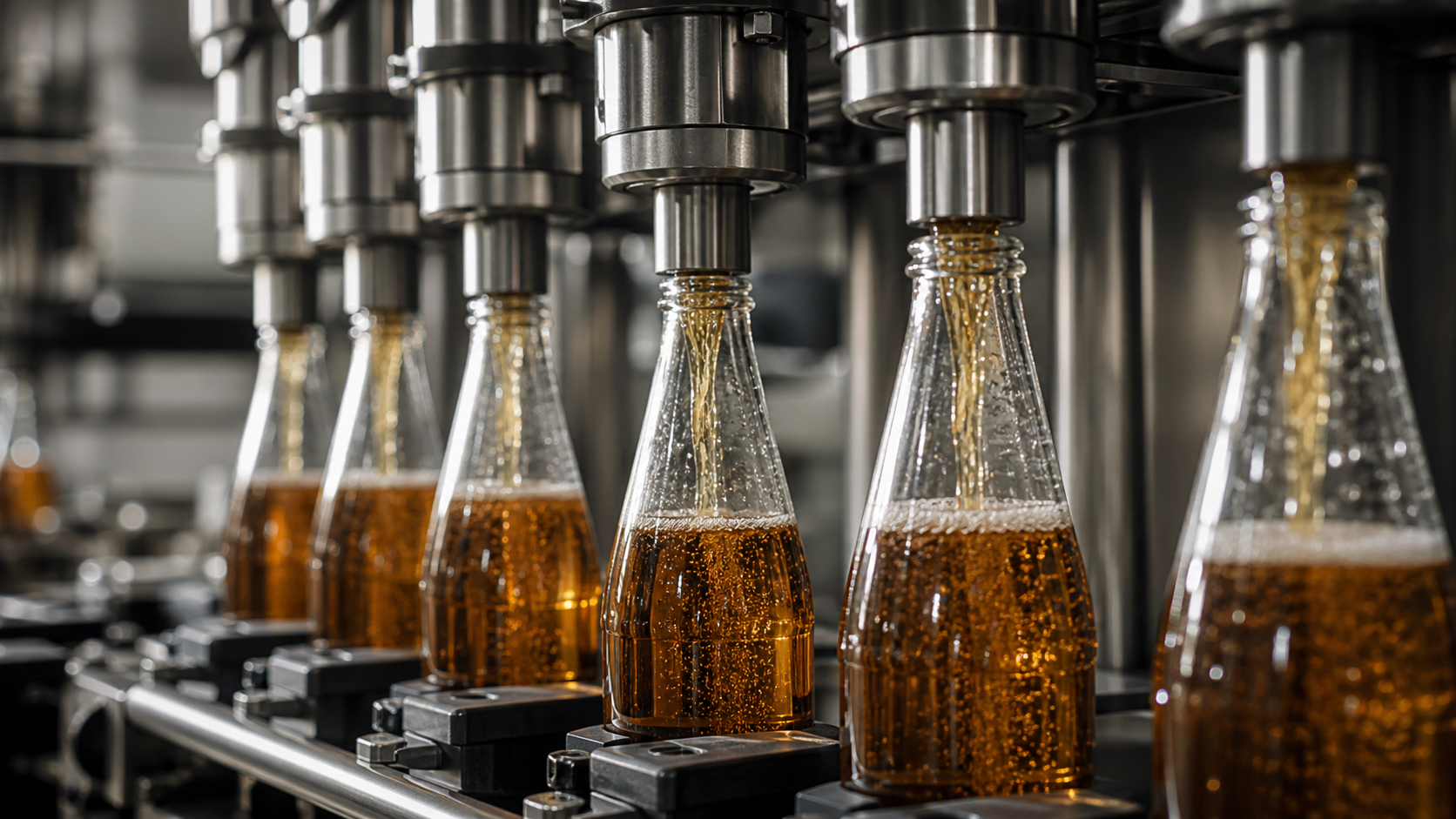 Close-up of automated bottling line filling amber beverage bottles