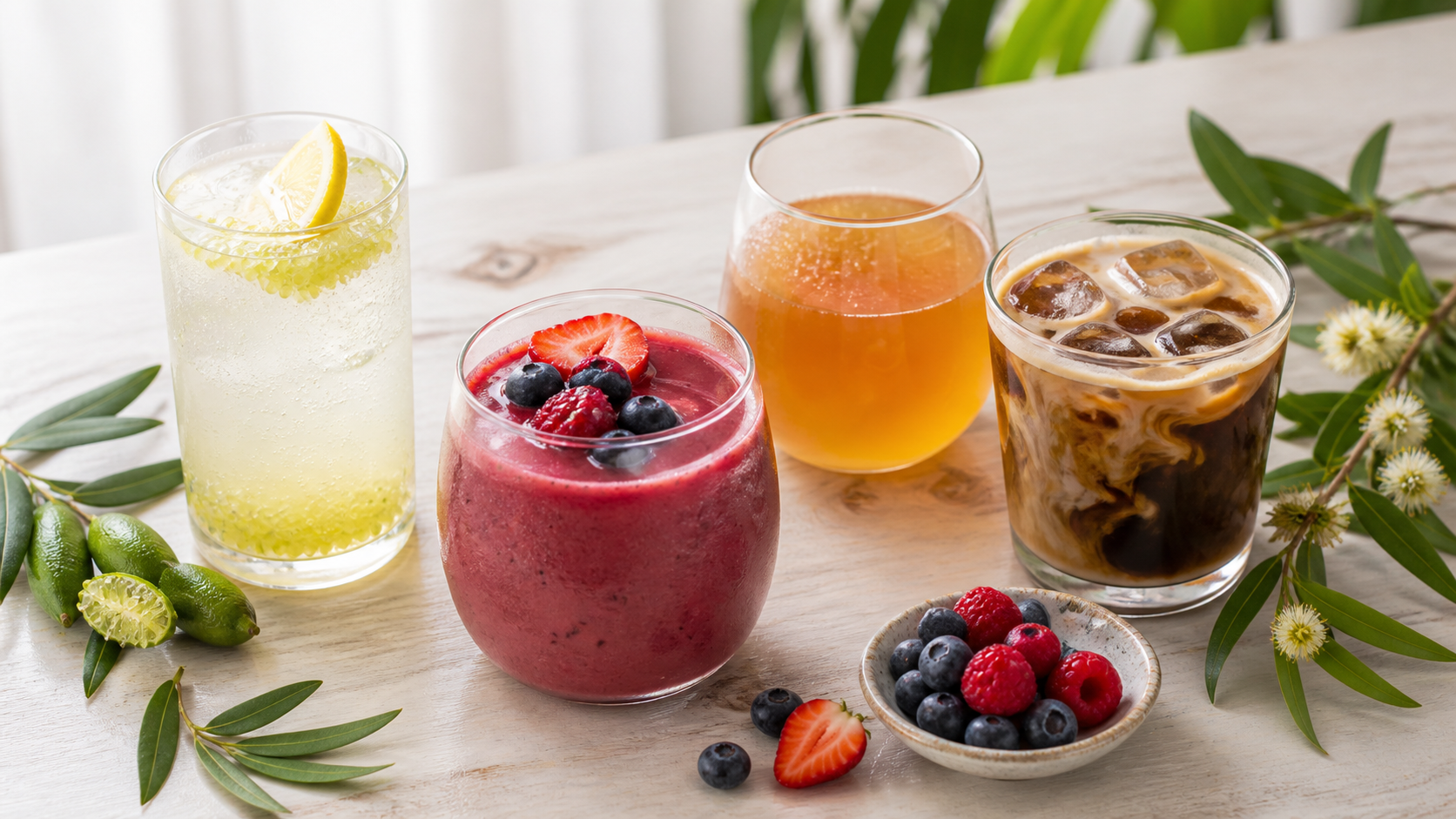 Assorted Australian beverage glasses with citrus, berries, and native botanicals on table