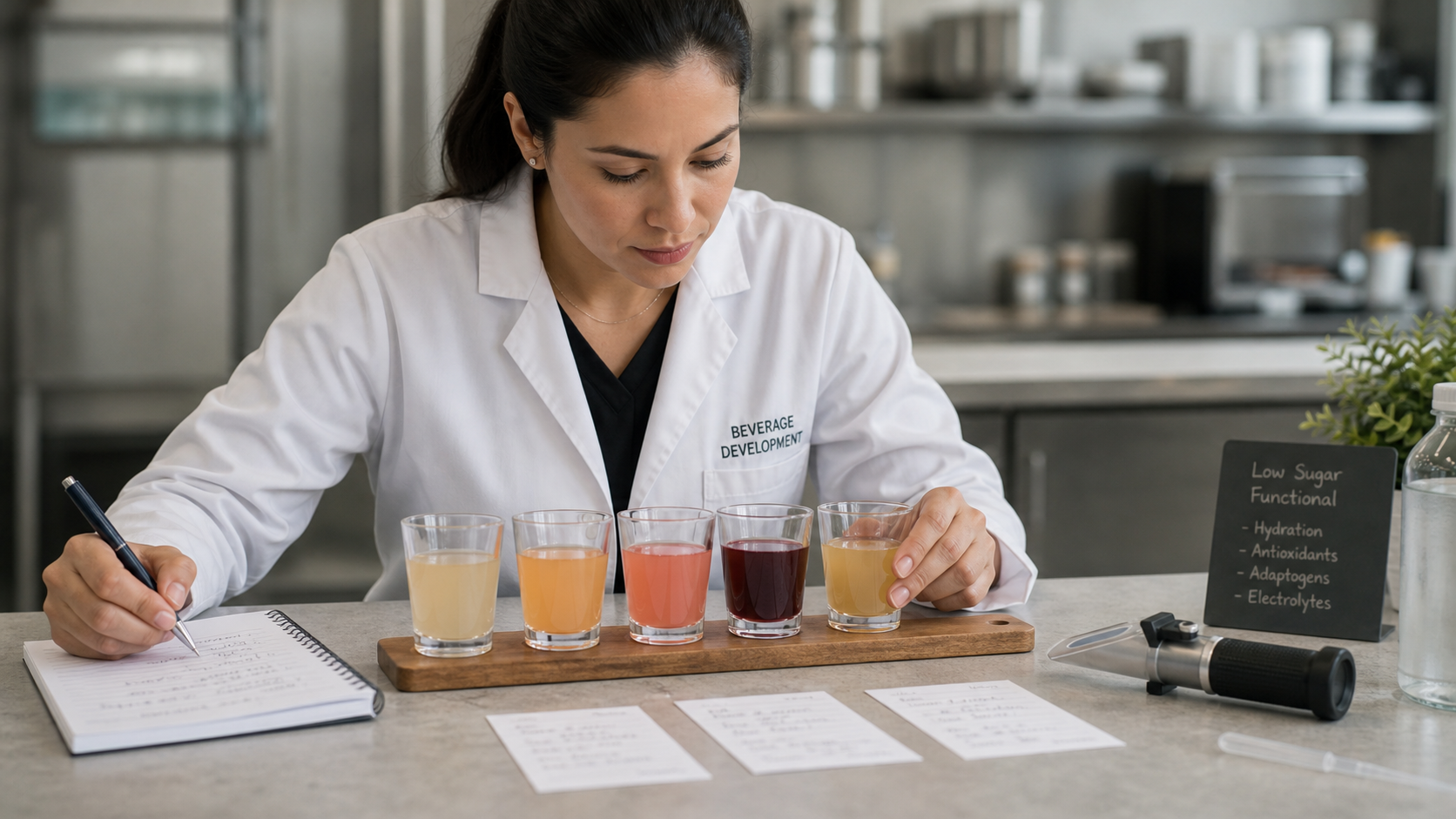 Product developer tasting low sugar functional drinks flight in modern lab kitchen