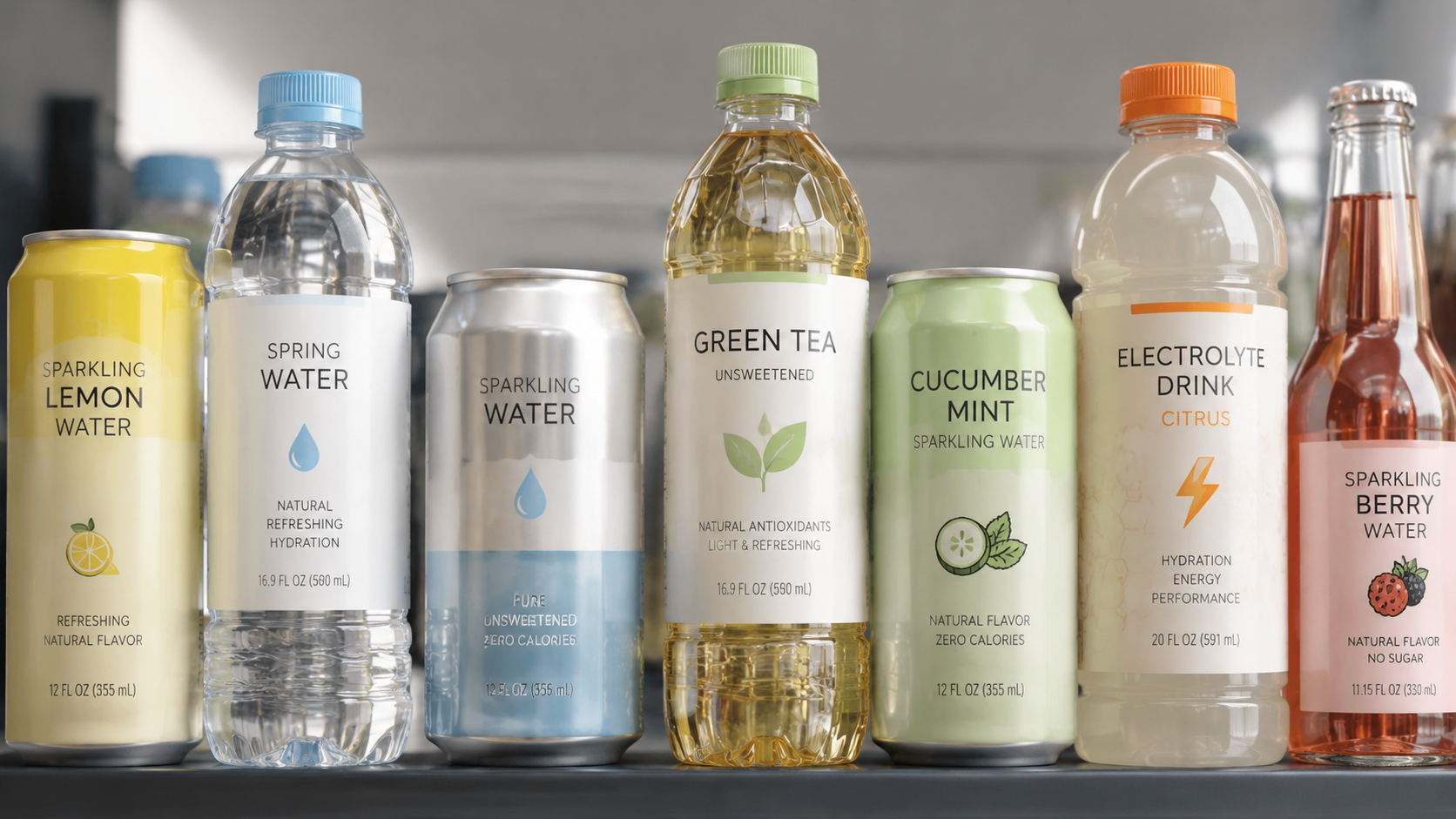 Close-up of canned and bottled drinks showcasing clean labels and clear nutrition