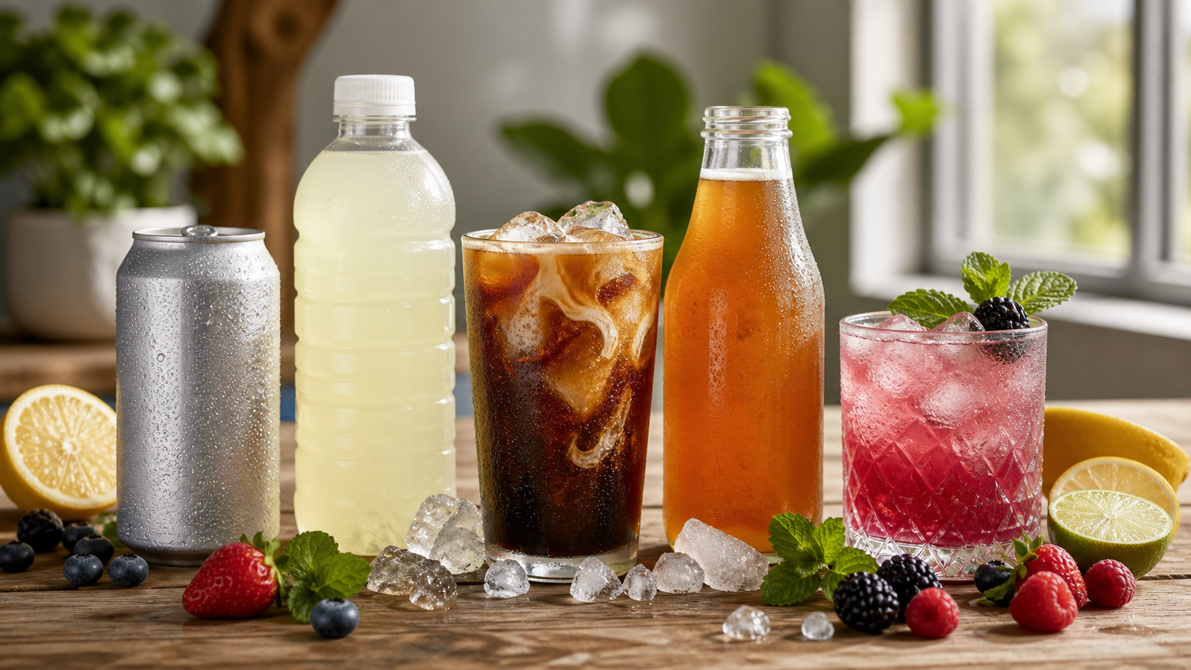 Assorted U.S. beverage lineup with fresh fruits and herbs on table