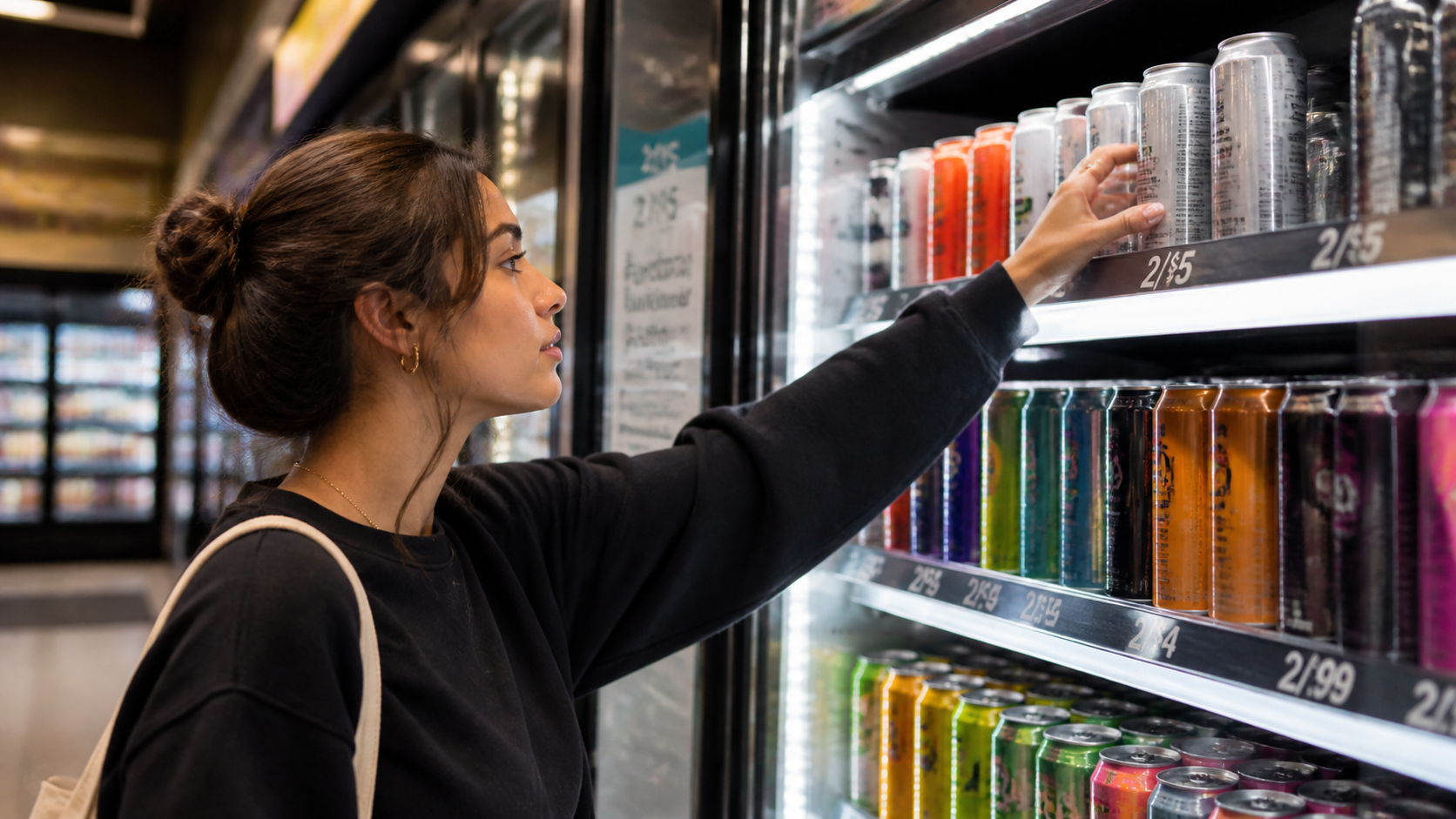 Young shopper choosing canned functional drinks from a convenience cooler
