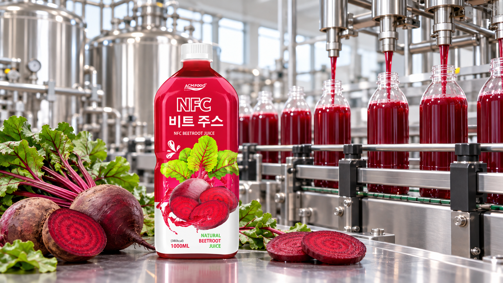 Stainless steel juice processing tanks and a bottling line filling clear PET bottles with deep red juice in a clean modern beverage factory, commercial photography, landscape composition