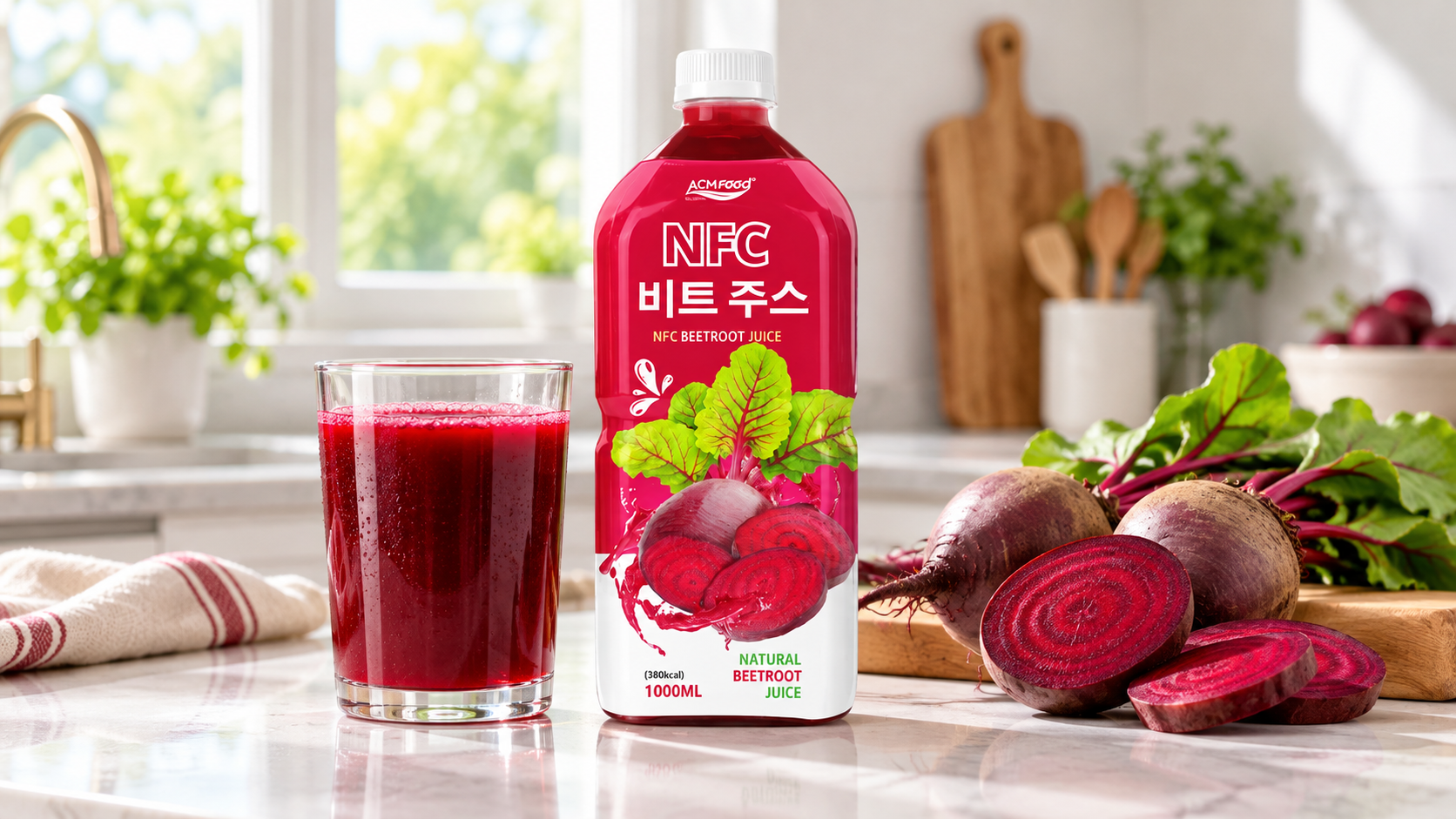 A glass of deep red beetroot juice beside a clear PET bottle on a bright kitchen counter with sliced beetroot, natural window light, commercial food photography, landscape composition