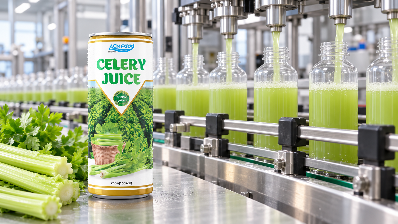 Row of PET bottles being filled with pale green juice on a clean automated filling line in a modern beverage factory, commercial industrial photography, landscape composition