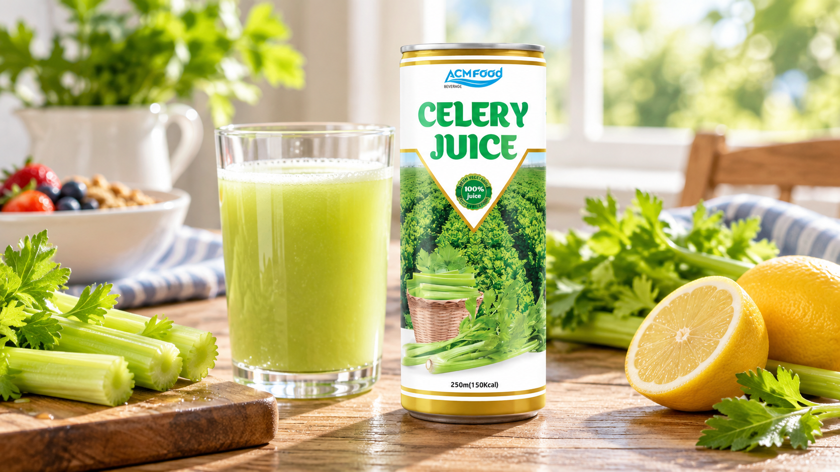Glass of pale green celery juice beside a clear bottle on a breakfast table with fresh celery and a lemon, bright morning light, commercial food photography, landscape composition