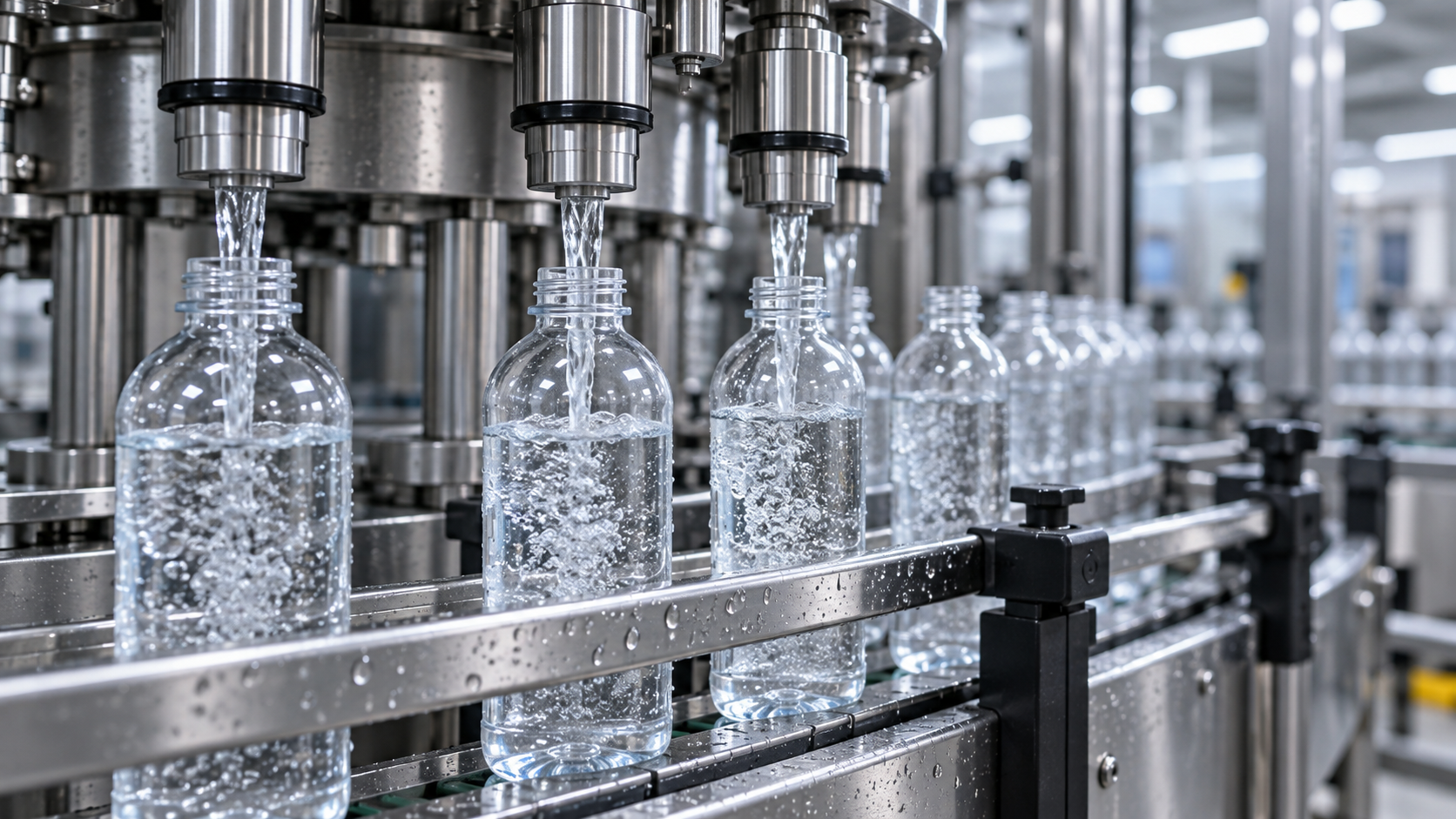Close-up of a stainless steel filling line running unlabelled clear bottles, water droplets on the guide rails, cool factory lighting, motion slightly blurred in the background, realistic industrial beverage manufacturing photography, landscape composition