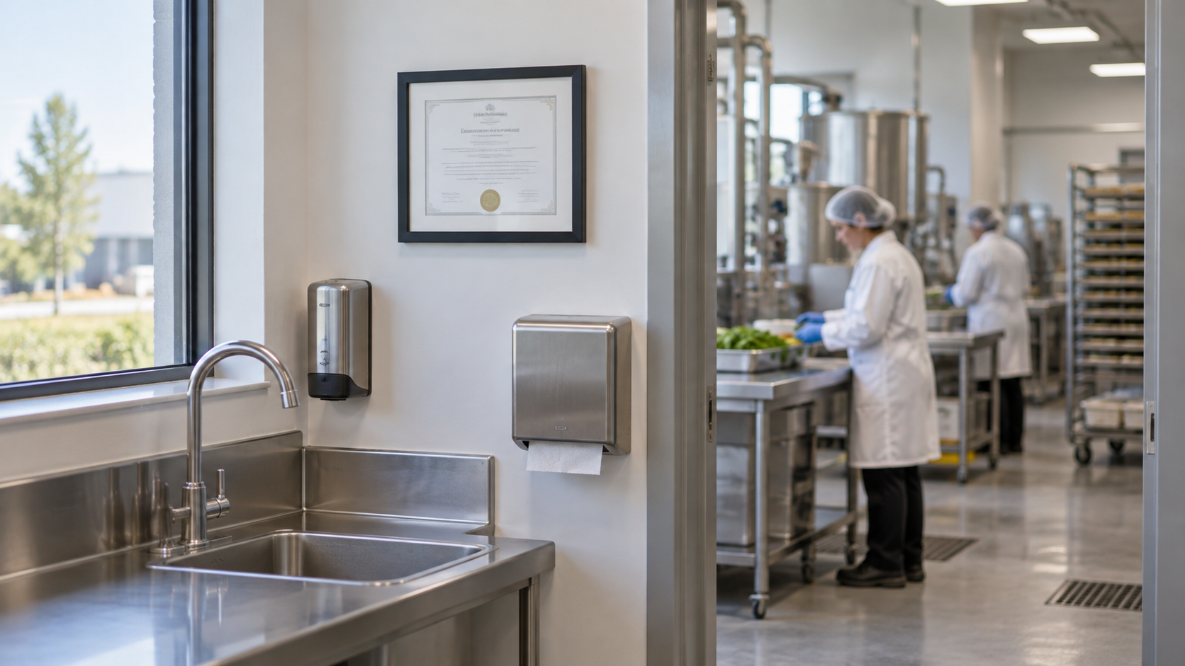 A framed certificate on a clean wall beside a doorway into a food production area, a stainless steel hand-wash station in the foreground, neutral daylight through a window, shallow depth of field, realistic commercial facility photography, landscape composition, certificate text not legible